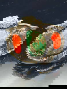 Navajo Sterling Silver Cuff Bracelet – Turquoise & Coral – artist stamped 50.9g – 60.9mm: This vintage Navajo sterling silver cuff bracelet showcases classic Southwest artistry with a central natural turquoise cabochon flanked by two bold red coral stones. The stones are framed by traditio