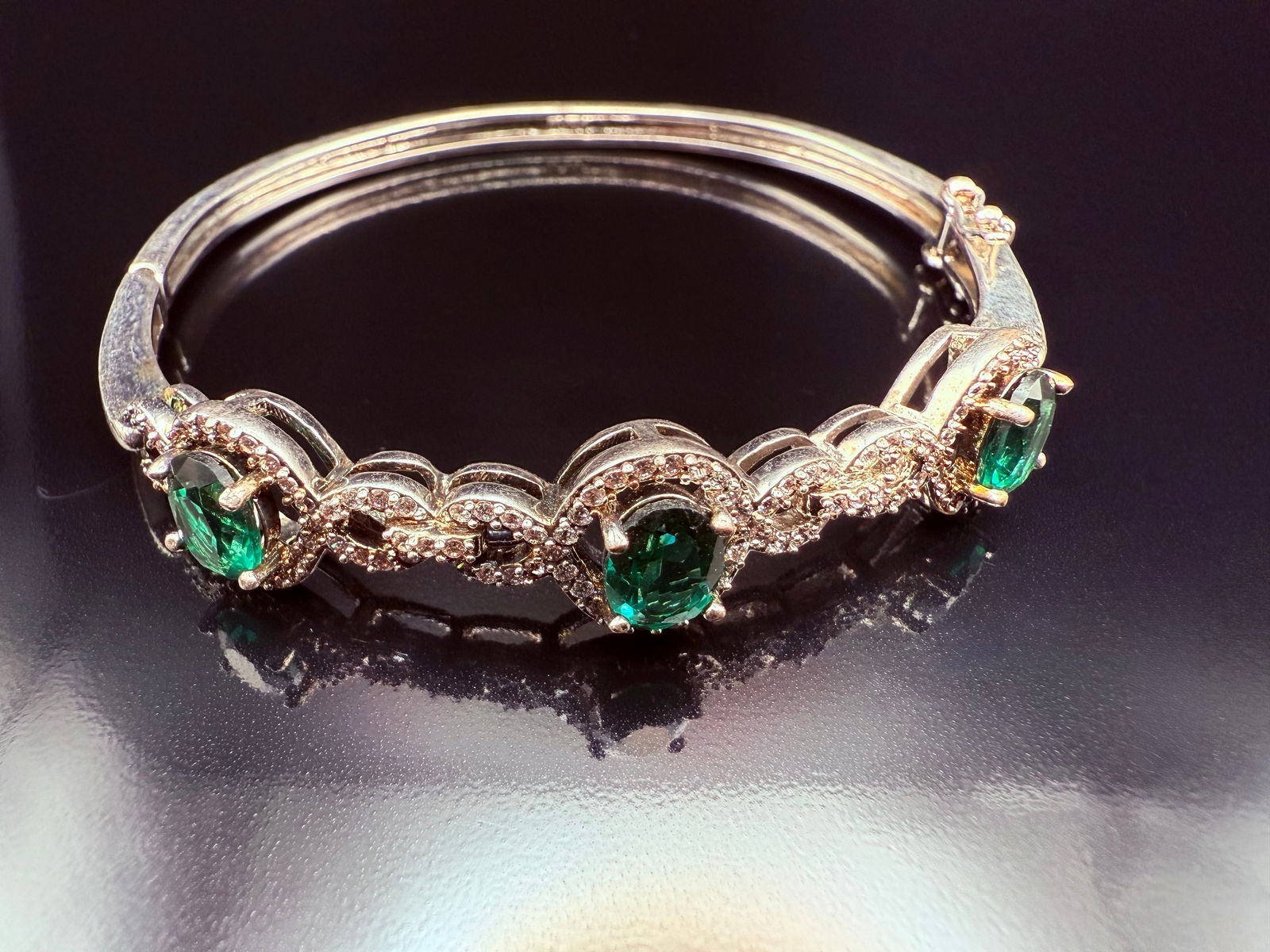 Sterling Silver Hinged Clasp Bangle Bracelet with Lab created Emeralds (1 of 11)