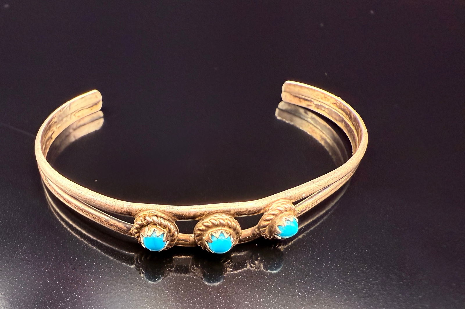 Sterling Silver Navajo Native American Cuff Bracelet with Three Turquoise small stones (1 of 10)