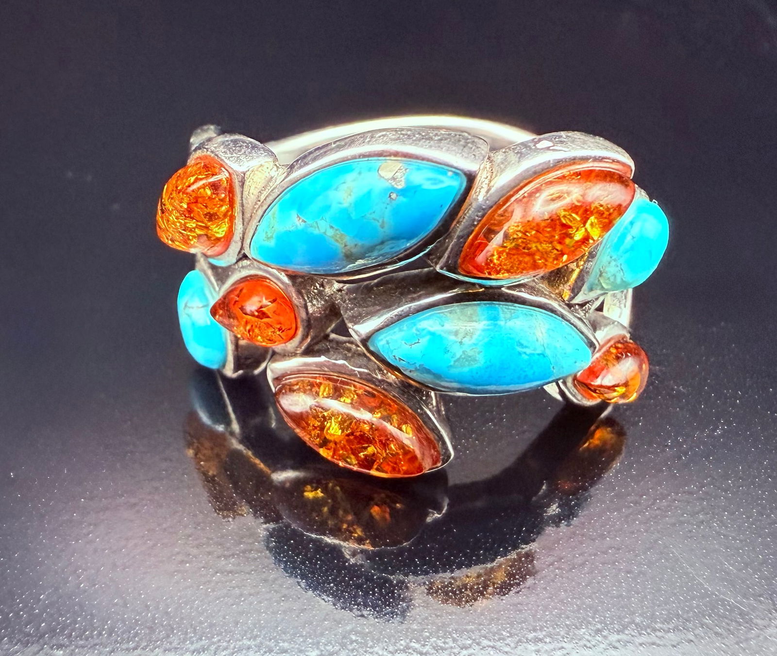 Sterling Silver Native American Leaf Motif Design with Amber and Faux Turquoise (1 of 11)