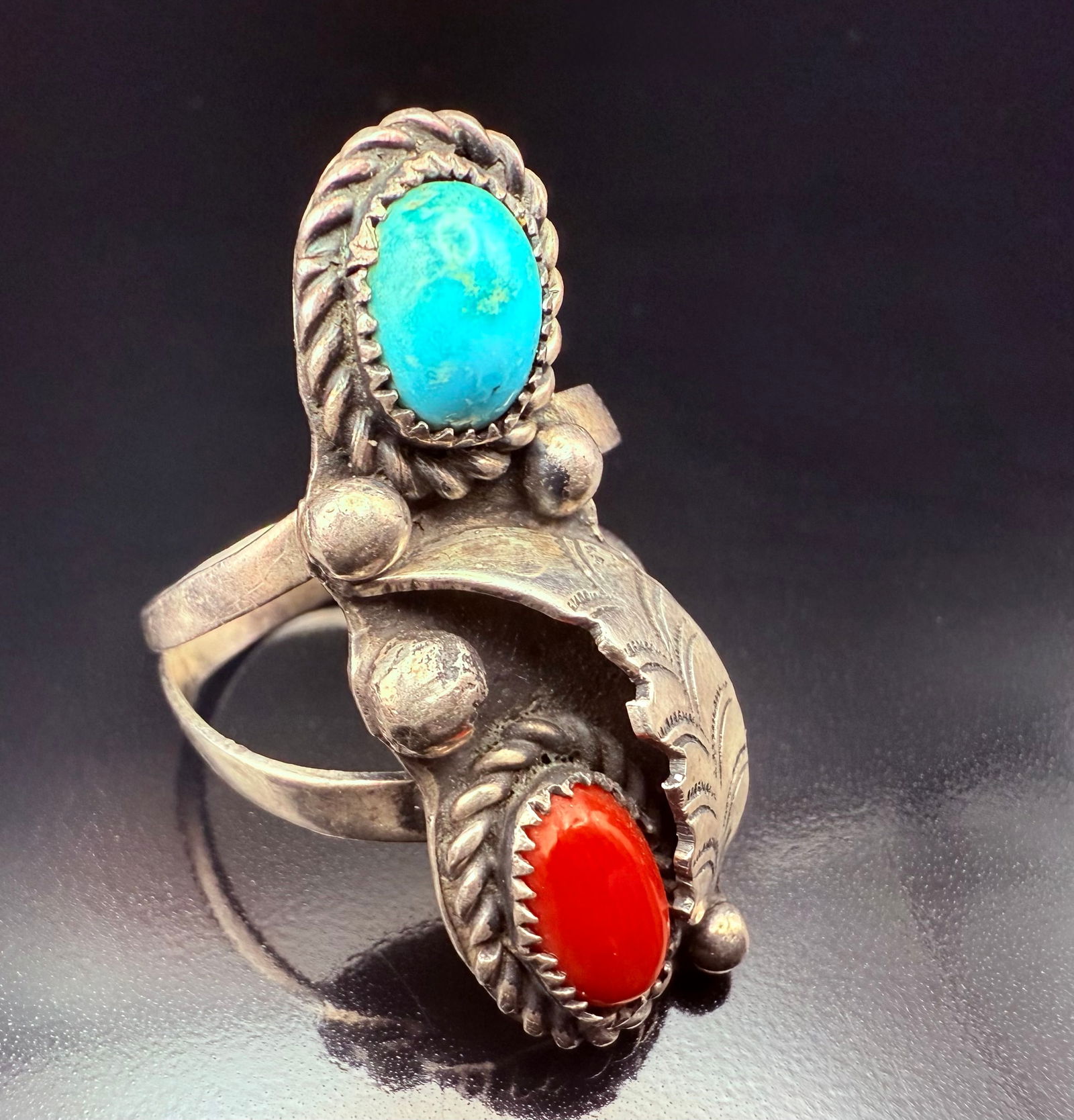 Sterling Silver Vintage Navajo Coral, Turquoise “Old Pawn” Ring with a Feather Design (1 of 11)
