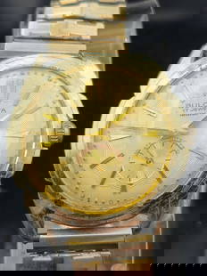 1955 Bulova 17 Jewel “Water Protected&rdquo; Manual Wind Men’s Watch – Gold Tone Textured Dial: This striking 1955 Bulova men's wristwatch features a distinctive textured gold-tone dial with bold raised indices and a sub-seconds register at 6 o'clock. The watch houses a 17-jewel manual wind move