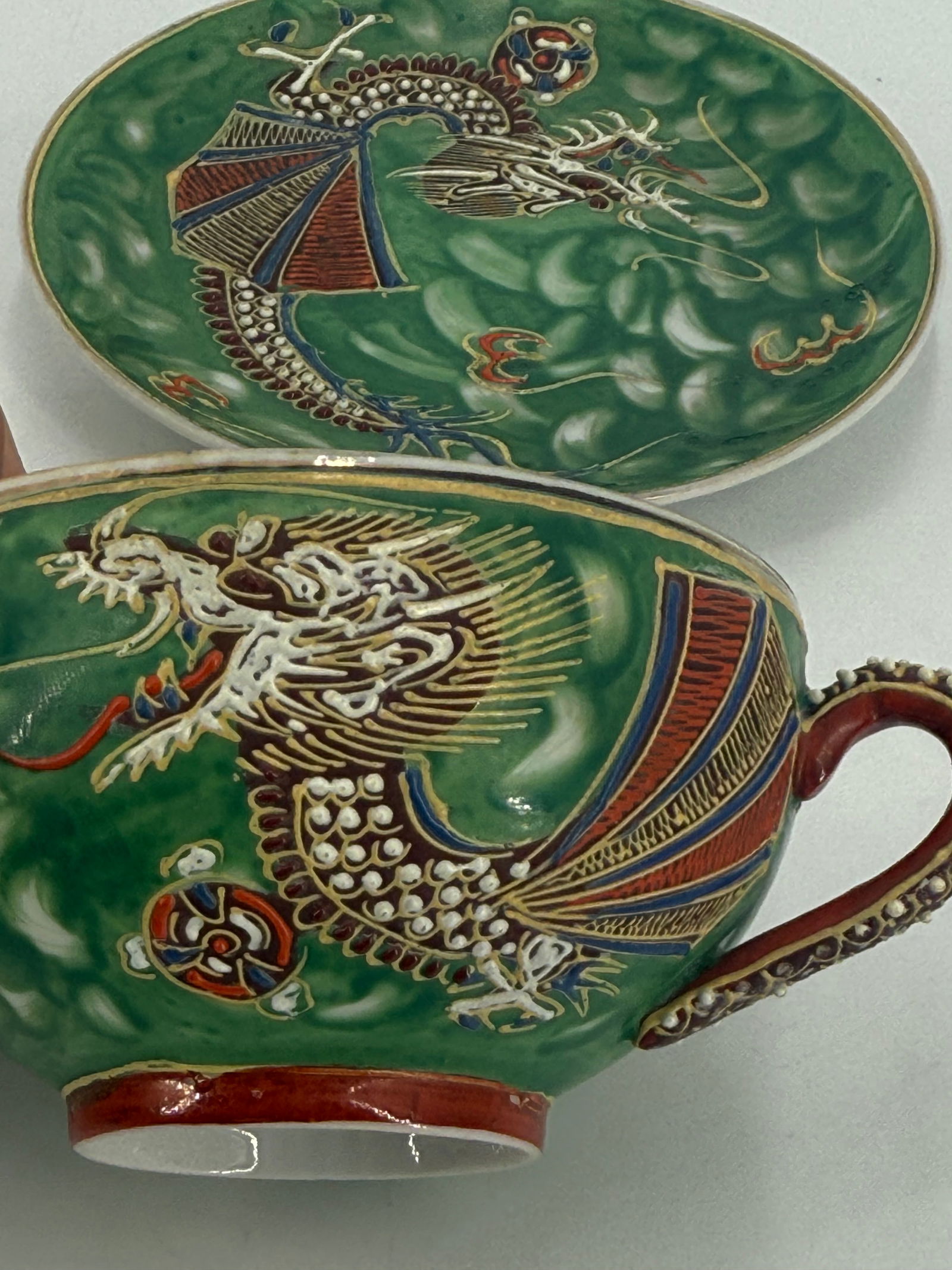 Japanese Green Moriage Cup & Saucer, Fantastic Detailed Dragonware Moriage Finish (1 of 5)