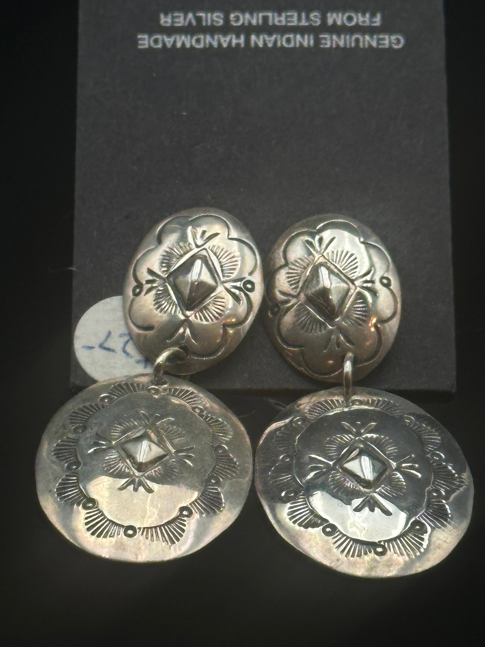 Vintage Native American Sterling Silver Concho Earrings: Beautifully crafted, these genuine Native American concho earrings are handmade from sterling silver, showcasing traditional stamped designs with rich cultural symbolism. The domed conchos feature int