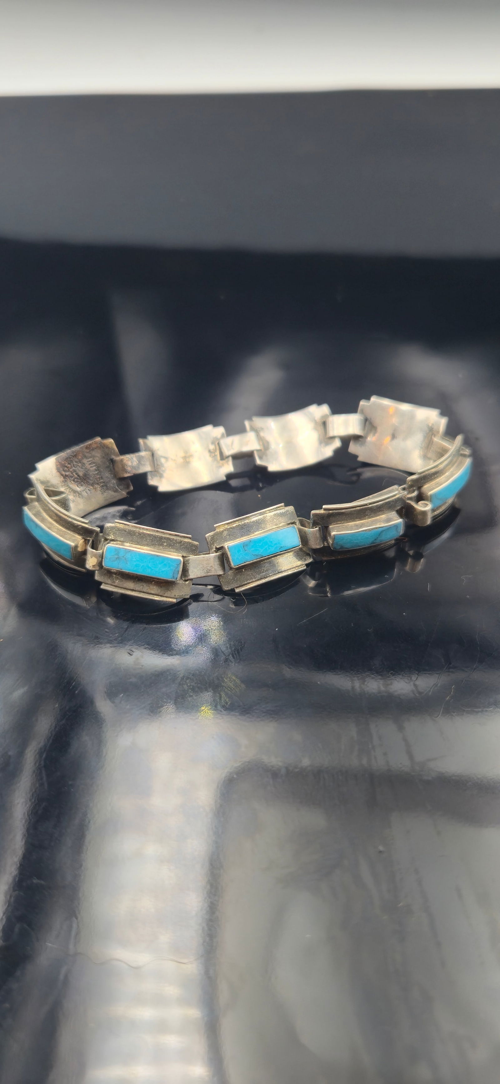 Vintage Taxco Turquoise Inlay Link Bracelet 13.3g (1 of 5)