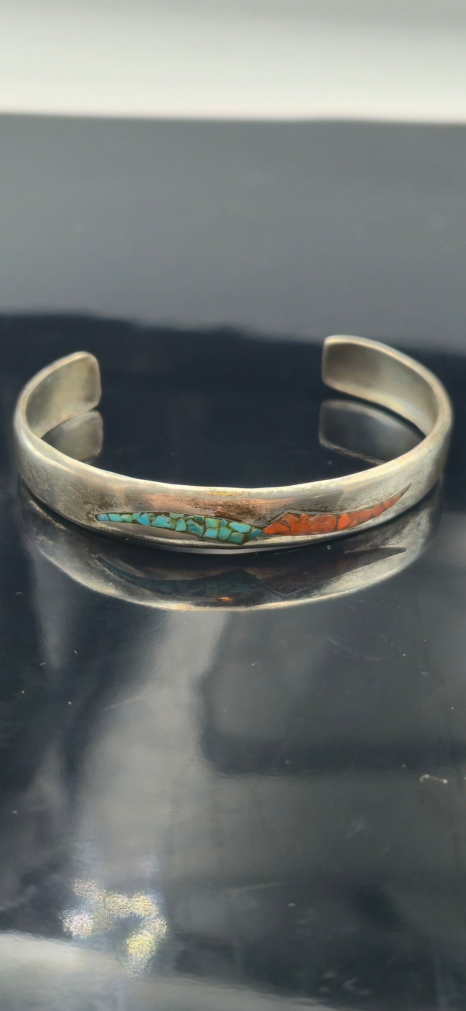 Vintage Navajo Sterling Turquoise & Coral Inlay Cuff – Signed KRB – 18.0g (1 of 7)