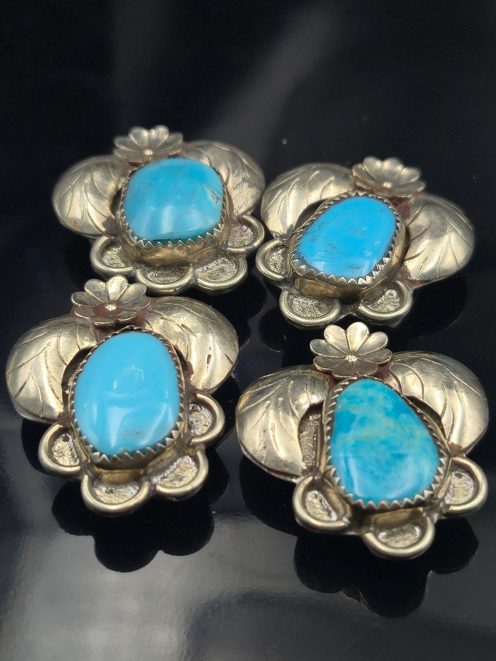 Vintage Southwestern Turquoise Floral Leaf Button Covers – Set of 4, Unmarked (1 of 10)