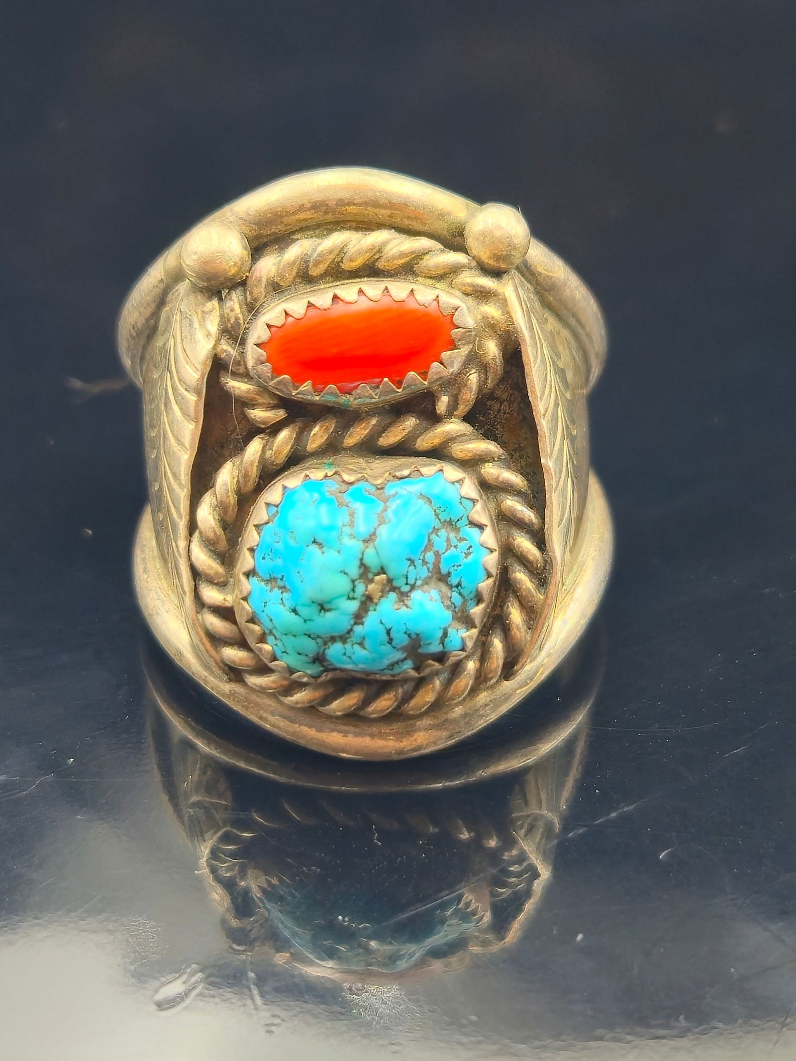 Navajo Sterling Silver Ring with Kingman Turquoise & Coral – Attributed to Harrison Jim – Size (1 of 9)