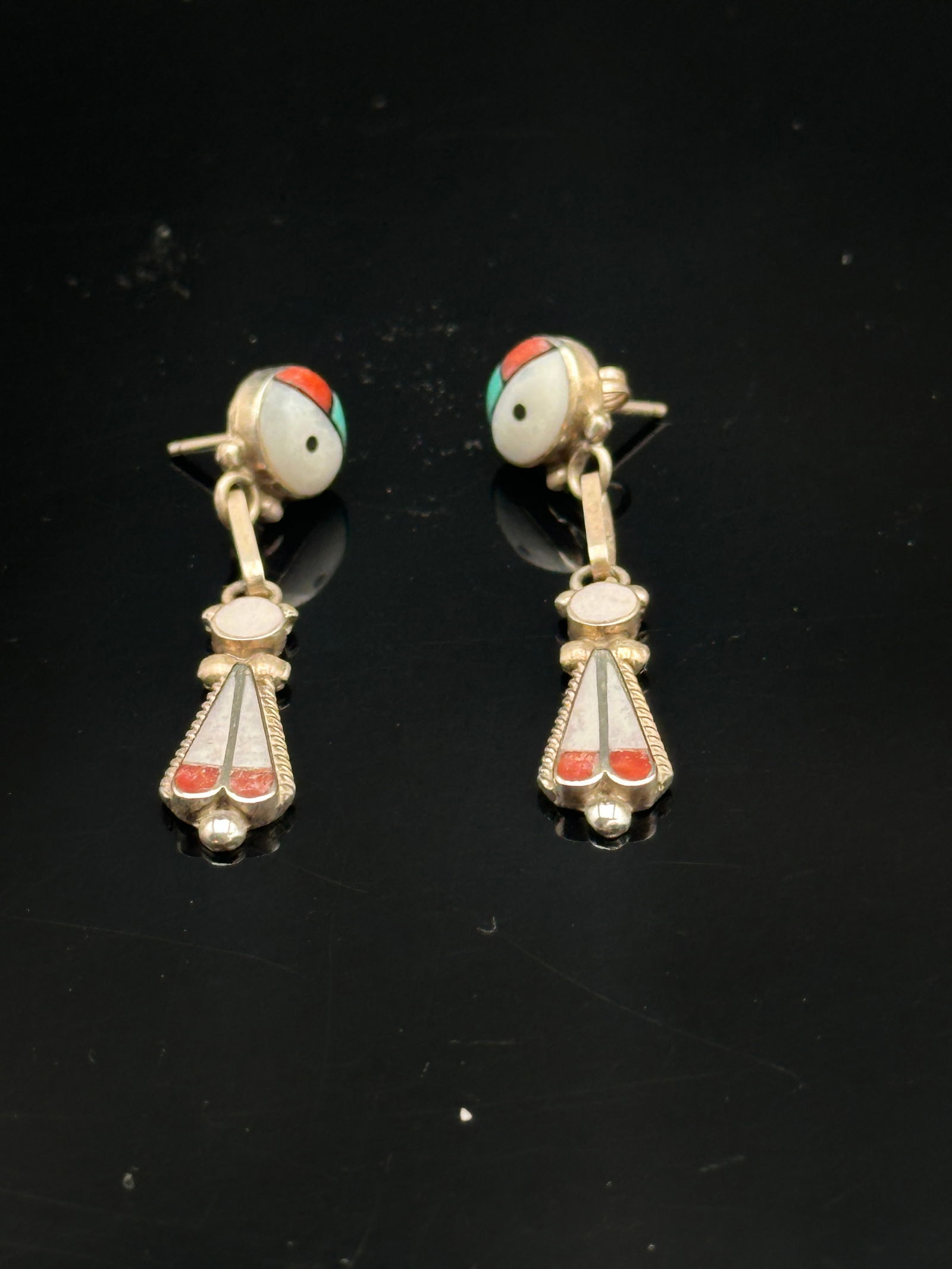 Vintage Zuni Sterling Silver Inlay Dangle Earrings – Signed (1 of 6)