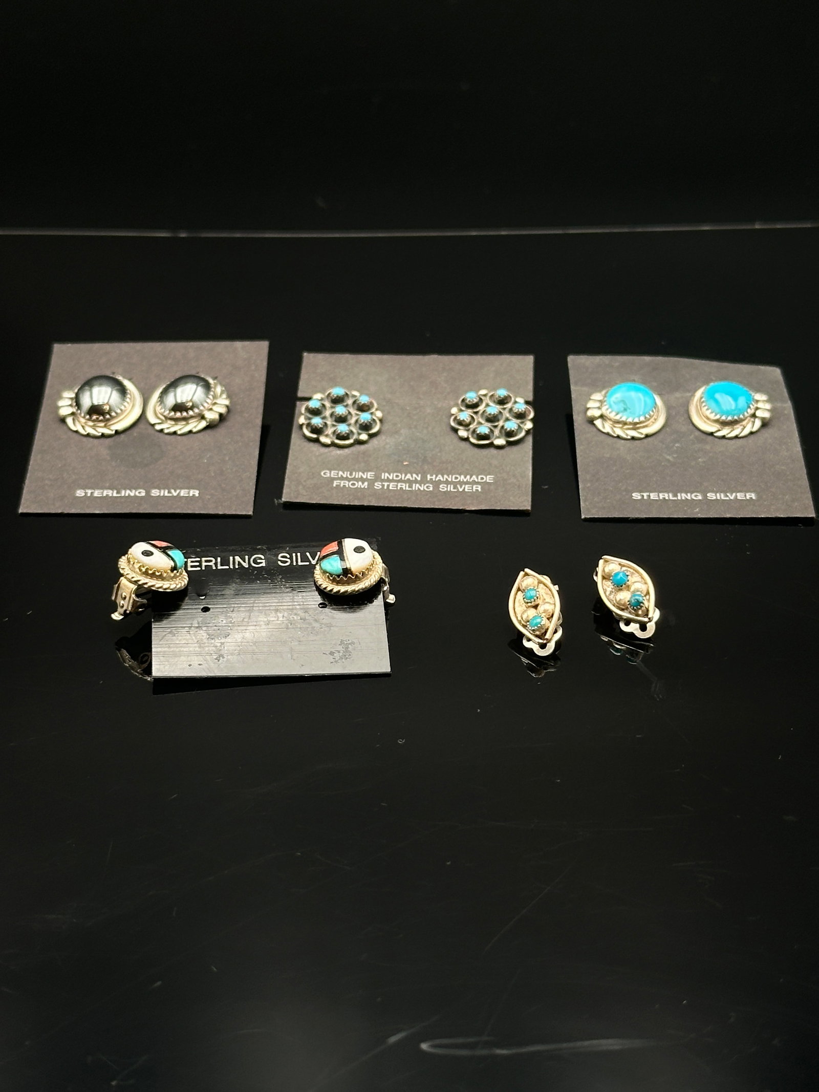 Lot of 5 Pairs Vintage Sterling Silver Earrings: Beautiful assortment including: (1) Sterling silver hematite cabochon earrings with leaf and bead accents, (2) Genuine Native American sterling silver turquoise cluster earrings, (3) Sterling silver r
