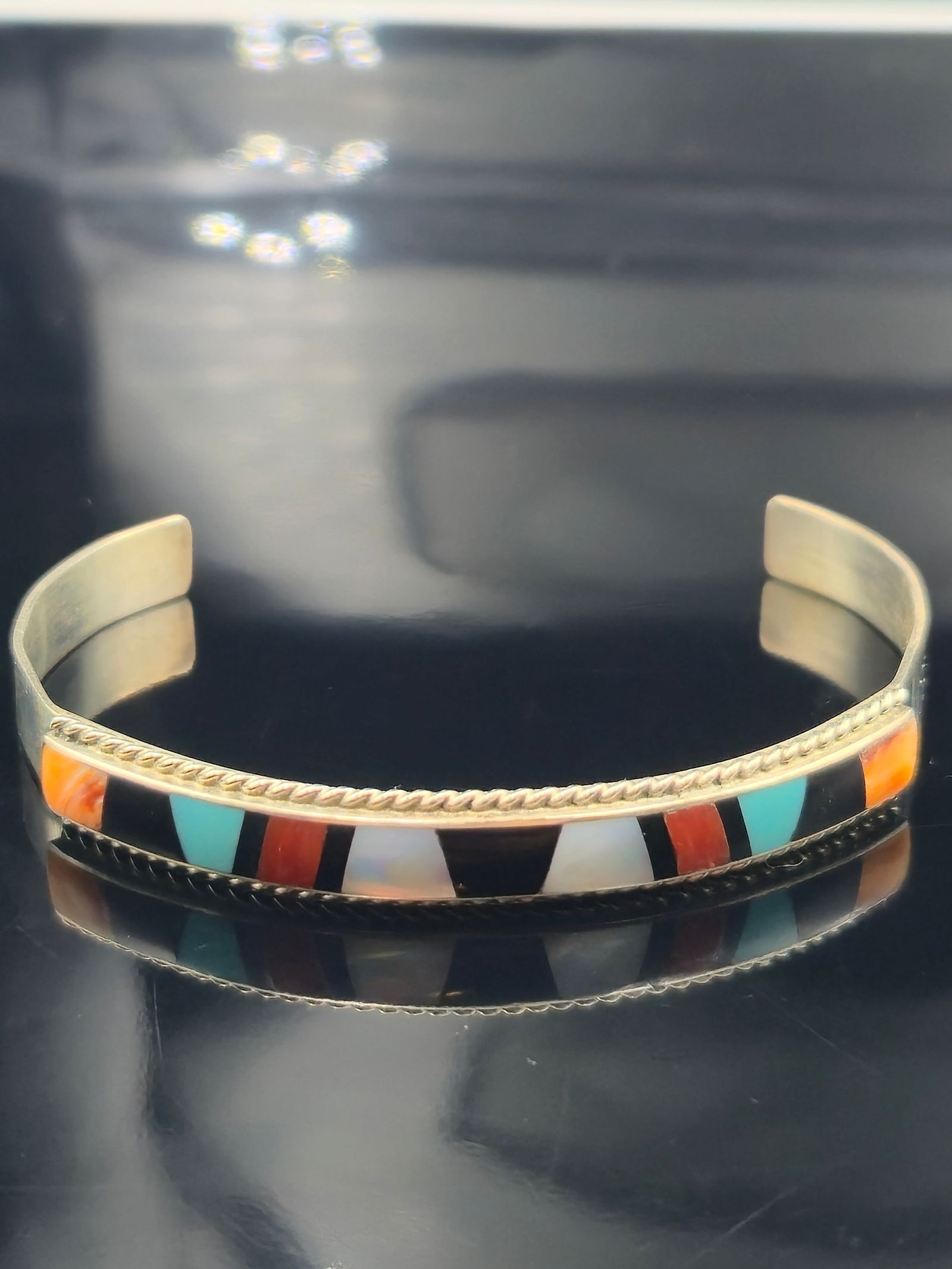 Robert Ulibarri (RU) Navajo Inlaid Sterling Cuff Bracelet, 57 mm (1 of 6)