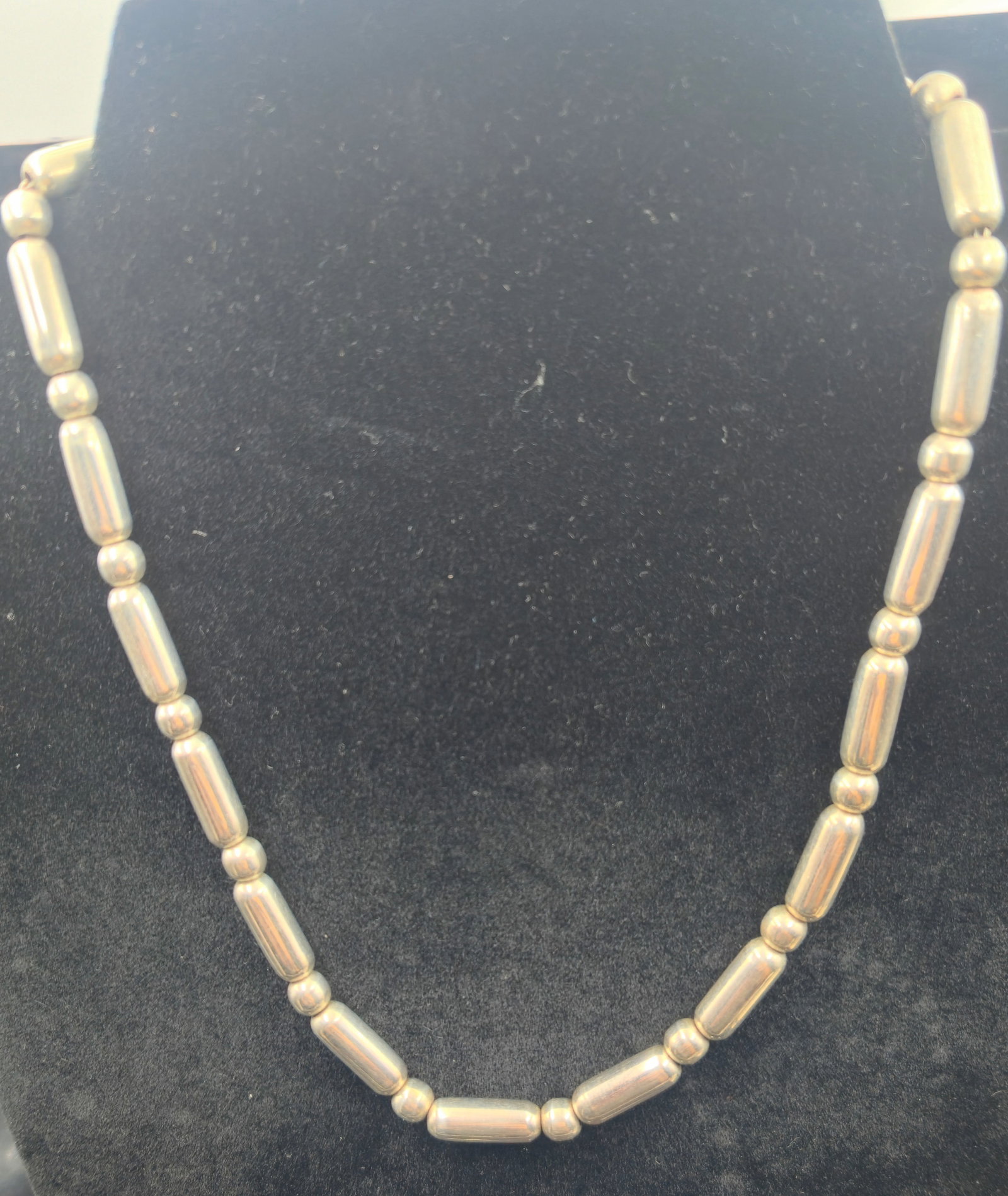 Vintage Taxco Mexican Sterling Silver Barrel Bead Necklace, TG-185, 46.8g: Vintage Taxco, Mexico sterling silver necklace featuring elongated barrel beads alternating with round spacer beads. Weight 46.8 grams, length approx. 18 inches. Marked "MEXICO TG-185 925" on clasp, i