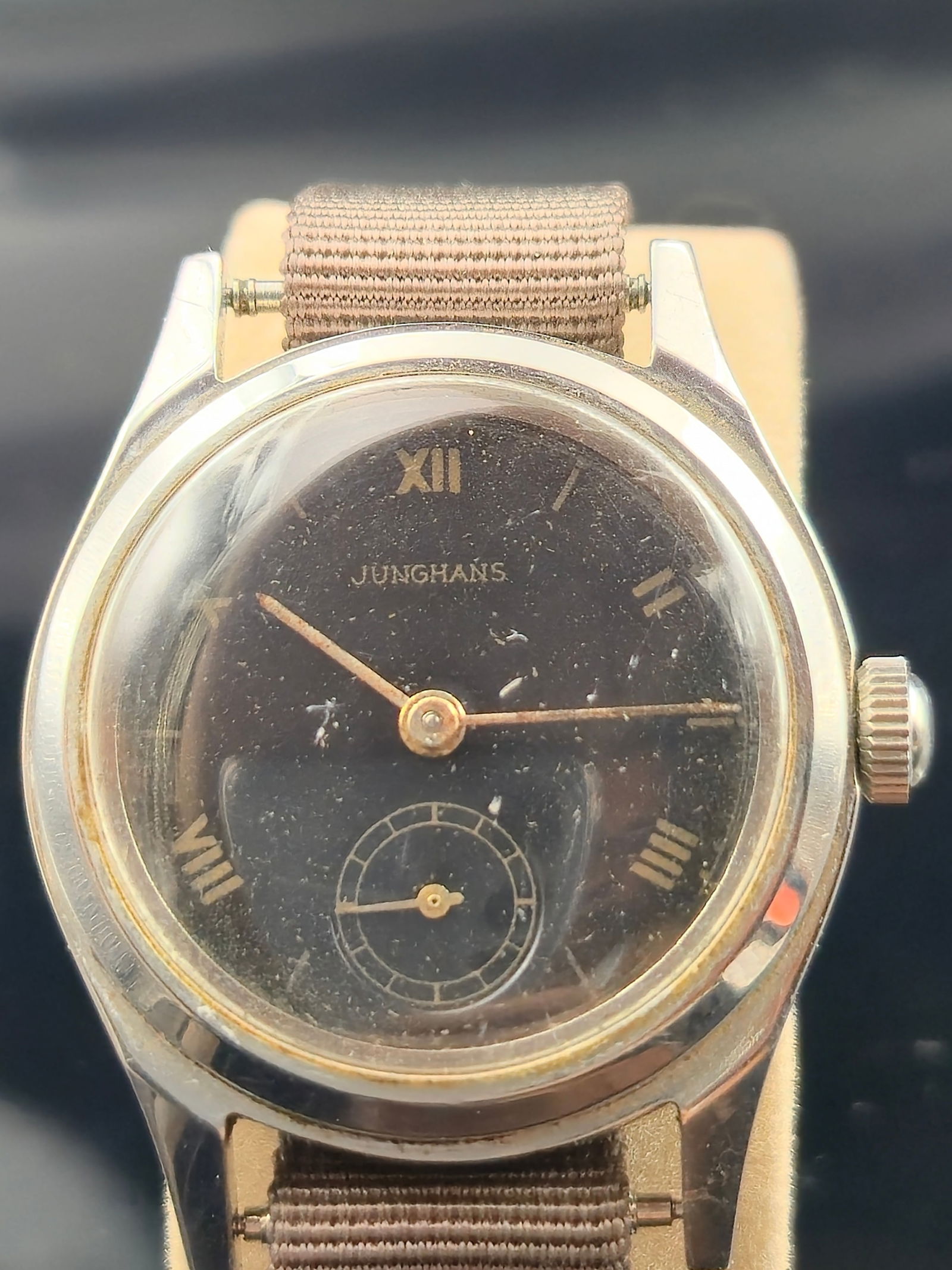WWII Era Junghans Military Wristwatch, 17J Manual Wind, Stainless Screw-Back, Black Dial (1 of 10)