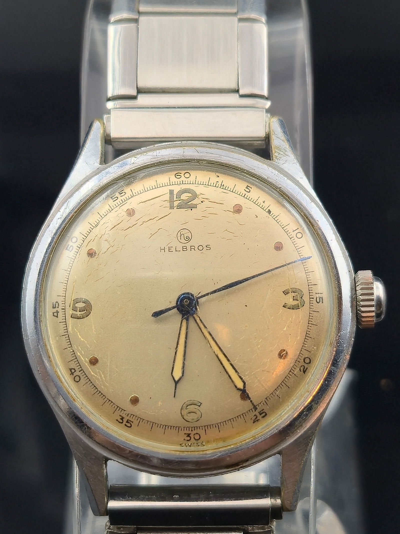 .1950s Helbros 17-Jewel Stainless Manual Wind Wristwatch, Swiss Made, 33mm, Cream Dial (1 of 9)