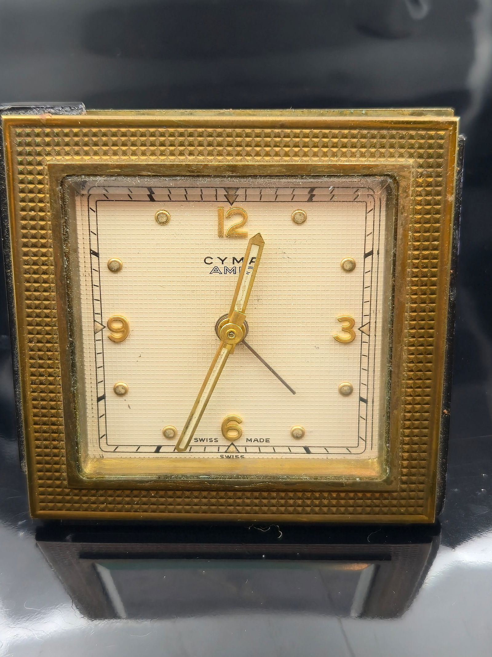 1956 CYMA Swiss 10-Jewel Travel Alarm Desk Clock, Original Box, Papers, Leather Case, (1 of 8)