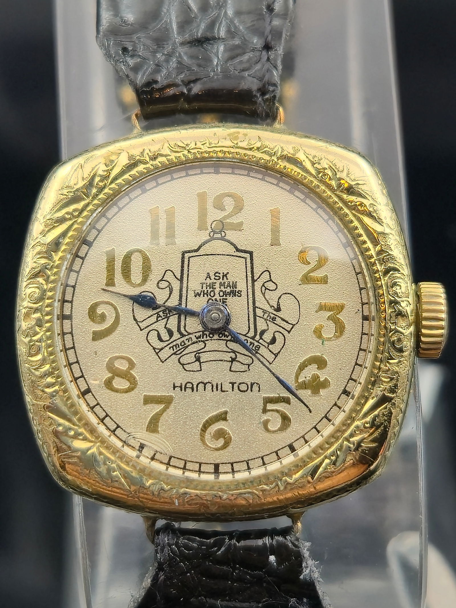 1926 Hamilton 986A 14K Gold-Filled 17J Wristwatch, “Ask the Man Who Owns One” Packard Dial,: Vintage c.1926 Hamilton men’s wristwatch featuring the rare “Ask the Man Who Owns One” Packard automobile advertising dial. Powered by the Hamilton caliber 986A manual wind movement with 17