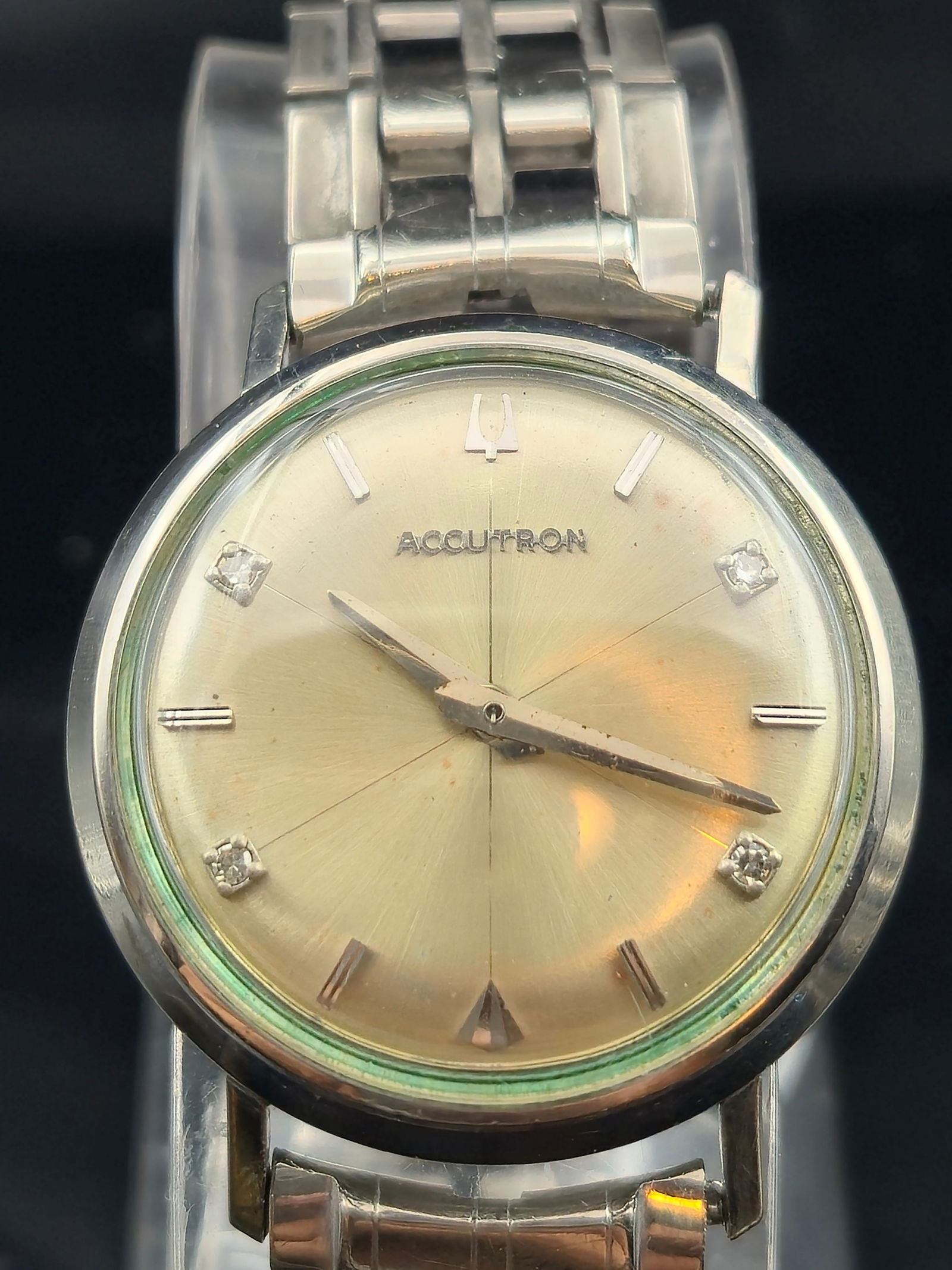1967 Bulova Accutron 214 White GF Diamond Markers 34mm: 1967 Bulova Accutron men’s wristwatch featuring the tuning fork electronic movement, caliber 214, marked “Bulova U.S.A.” 10K white gold-filled bezel with stainless steel back, waterproof cas