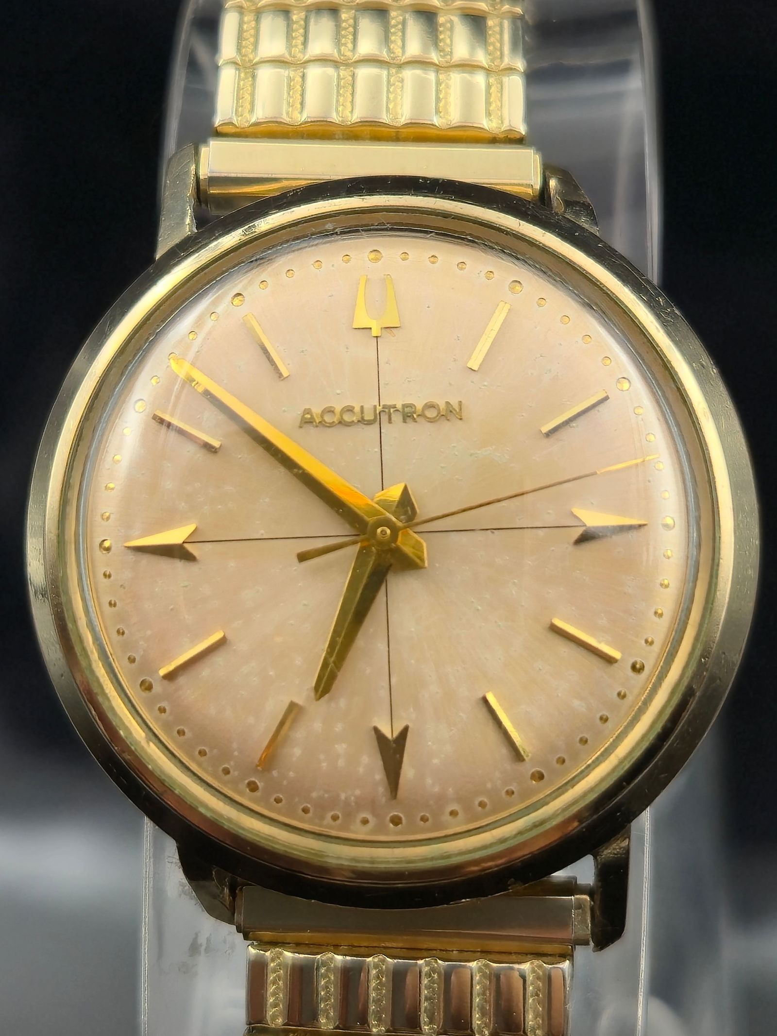 1967 Bulova Accutron 214 10K GF Champagne Dial 34mm: 1967 Bulova Accutron men’s wristwatch featuring the tuning fork electronic movement, caliber 214, marked “Bulova U.S.A.” 10K gold-filled case with stainless steel back, reference F54830, mea