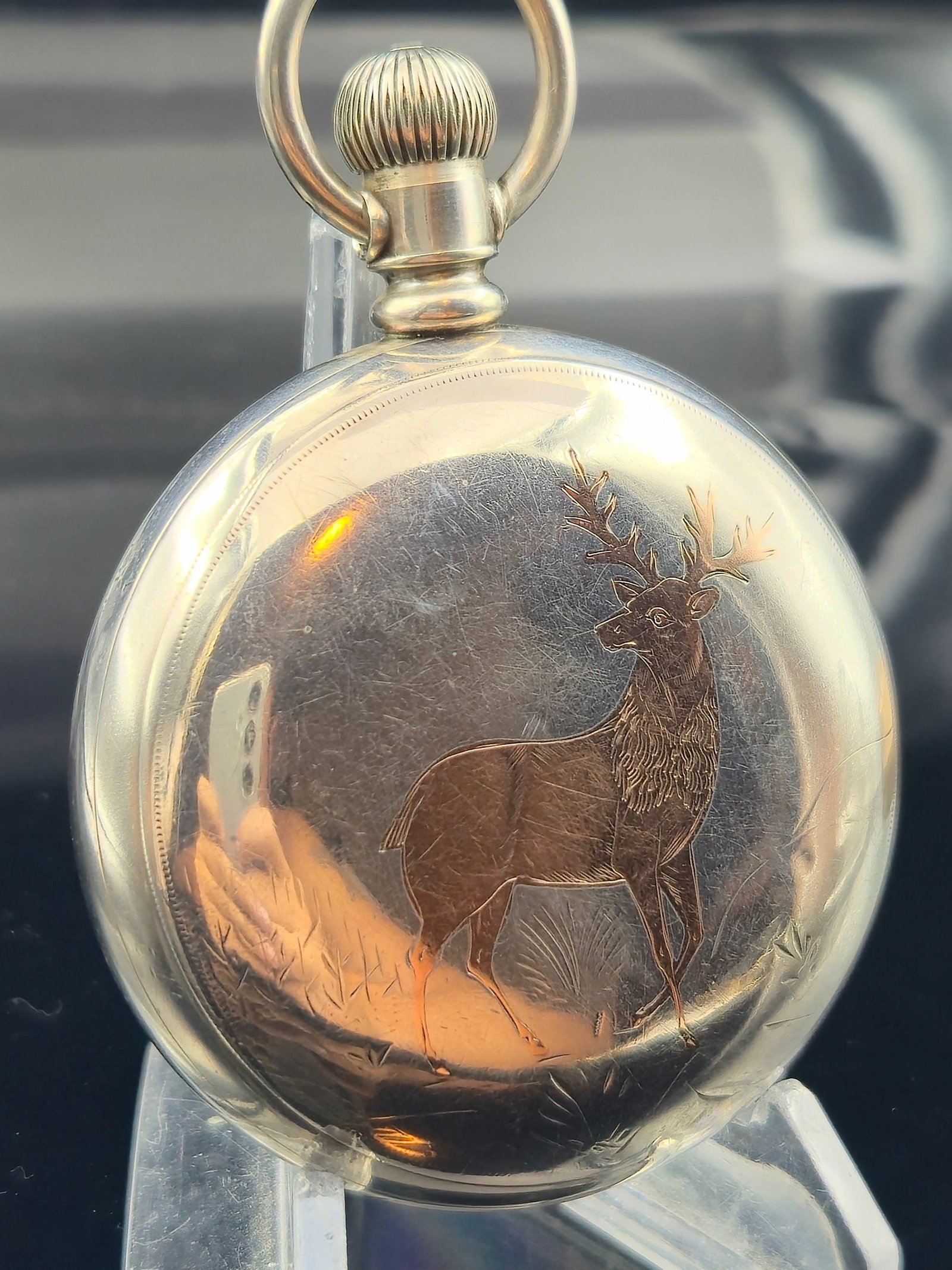 1901 Waltham Crescent St. 21J 18s OF Coin Silver Karat Gold Stag RR Pocket Watch (1 of 10)