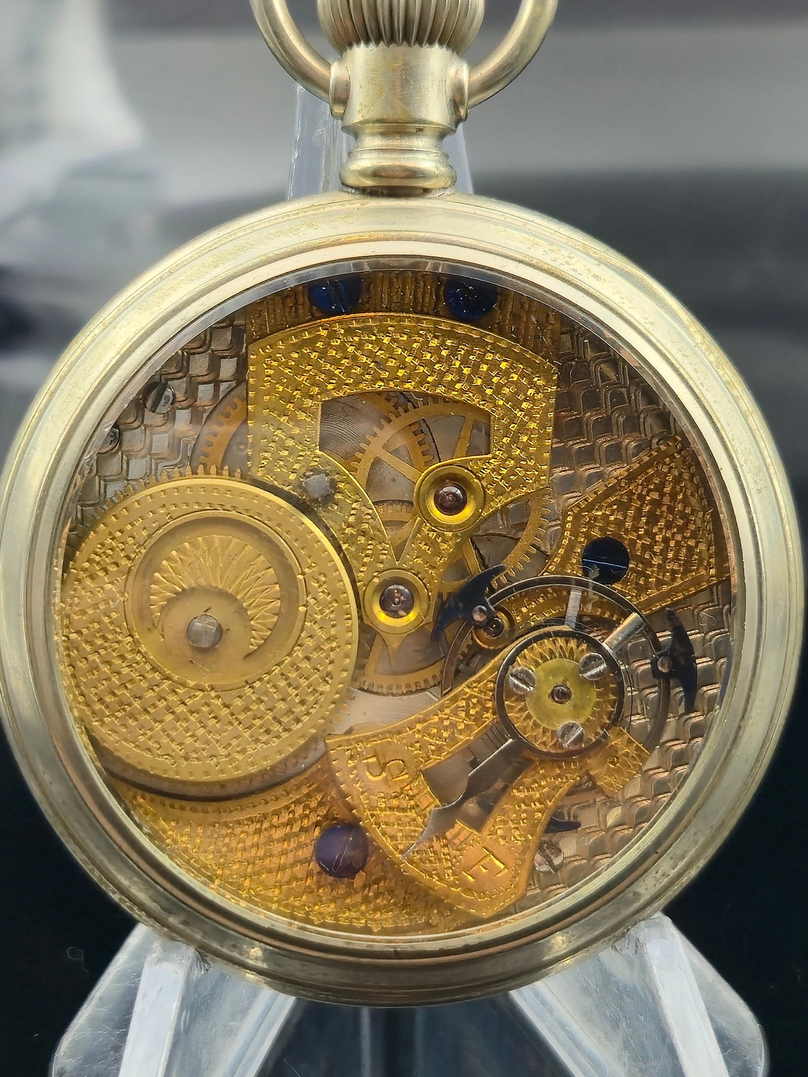 c1890s Chinese Duplex Skeleton Pocket Watch, Dual-Glass Display Case, Gold-Gilt Movement, Roman Dial (1 of 7)