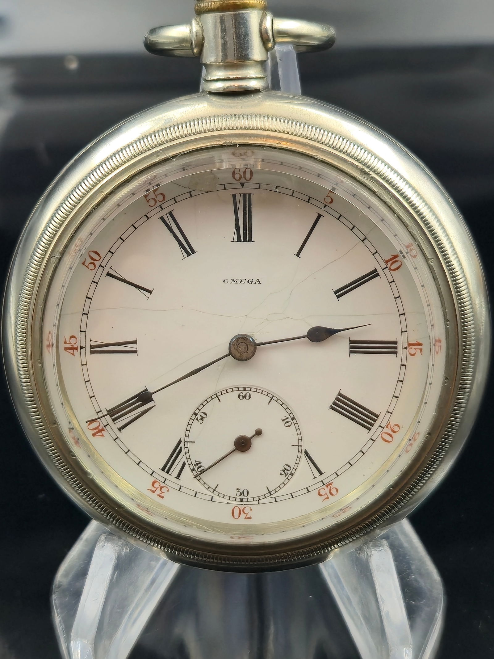 Omega 15J 2 Adj. Locomotive-Engraved Nickel Silver Hunting Case Pocket Watch – Roman Dial (1 of 9)