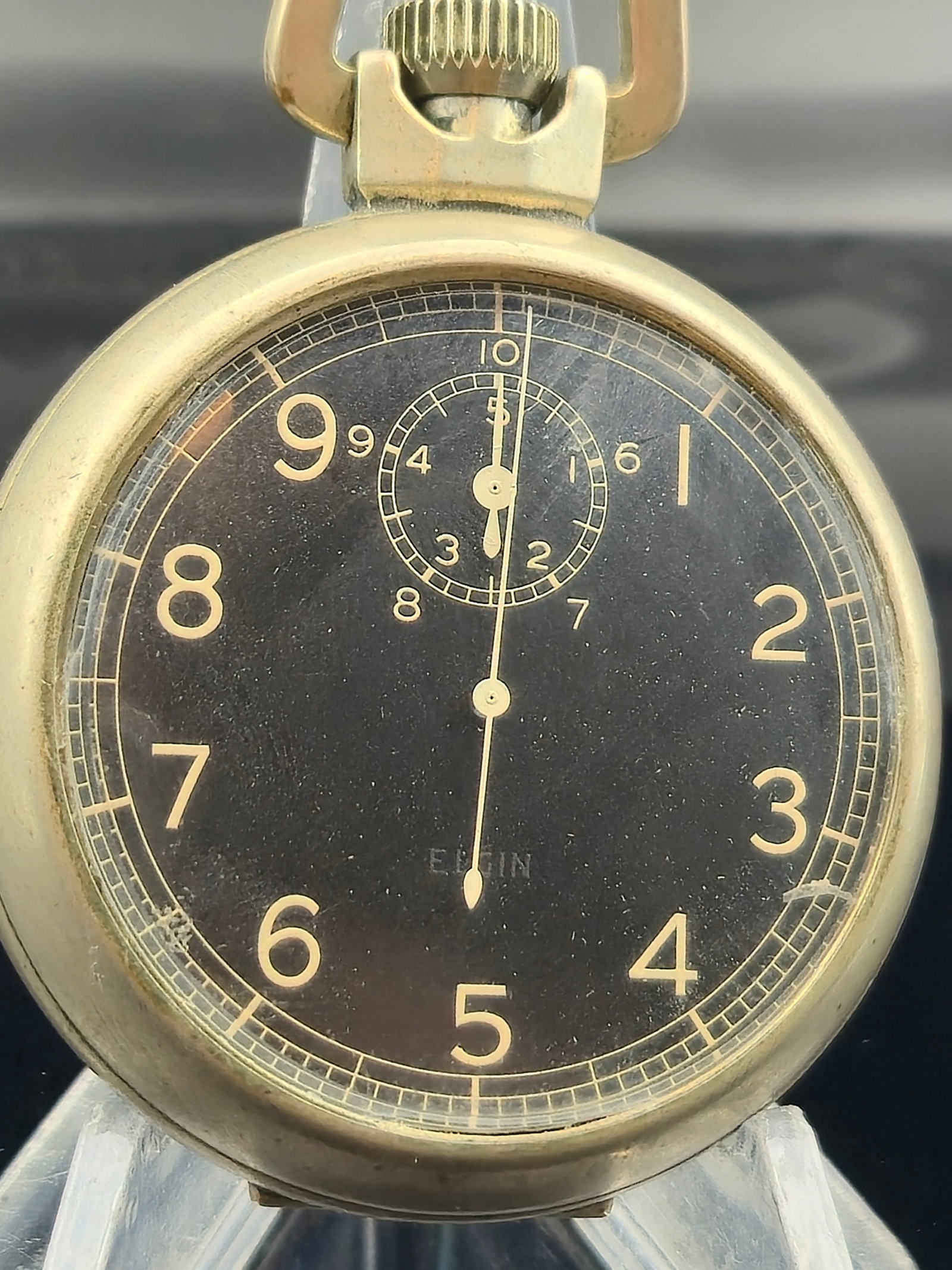 1945 Elgin Military Pocket Watch Grade 582 16s 15J Sweep Second Black Dial Base Metal Case (1 of 10)