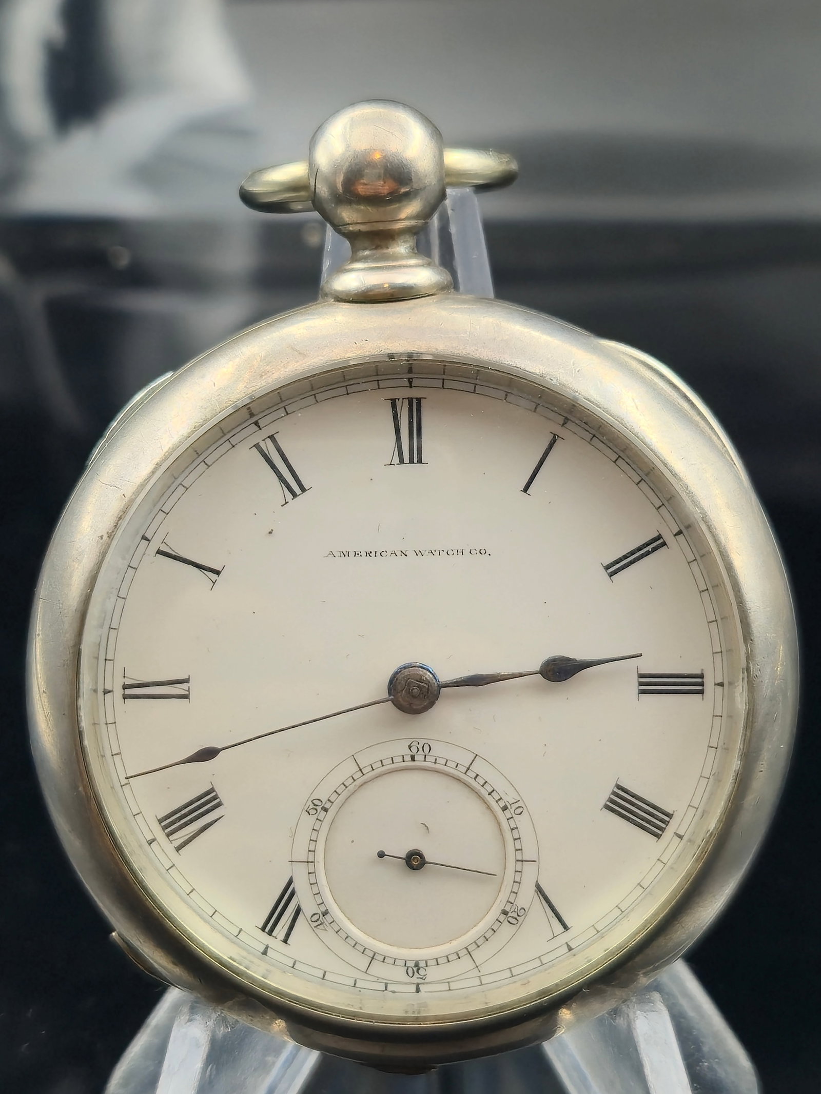 1872 Waltham Wm. Ellery 18s 11J Keywind Coin Silver Case, Low Run 500, Roman Dial: Antique 1872 Waltham Model 1857 “Wm. Ellery” pocket watch, movement serial no. 643558, part of a low production run of just 500. 18-size, 11-jewel gilt full plate movement, keywind/keyset, mar