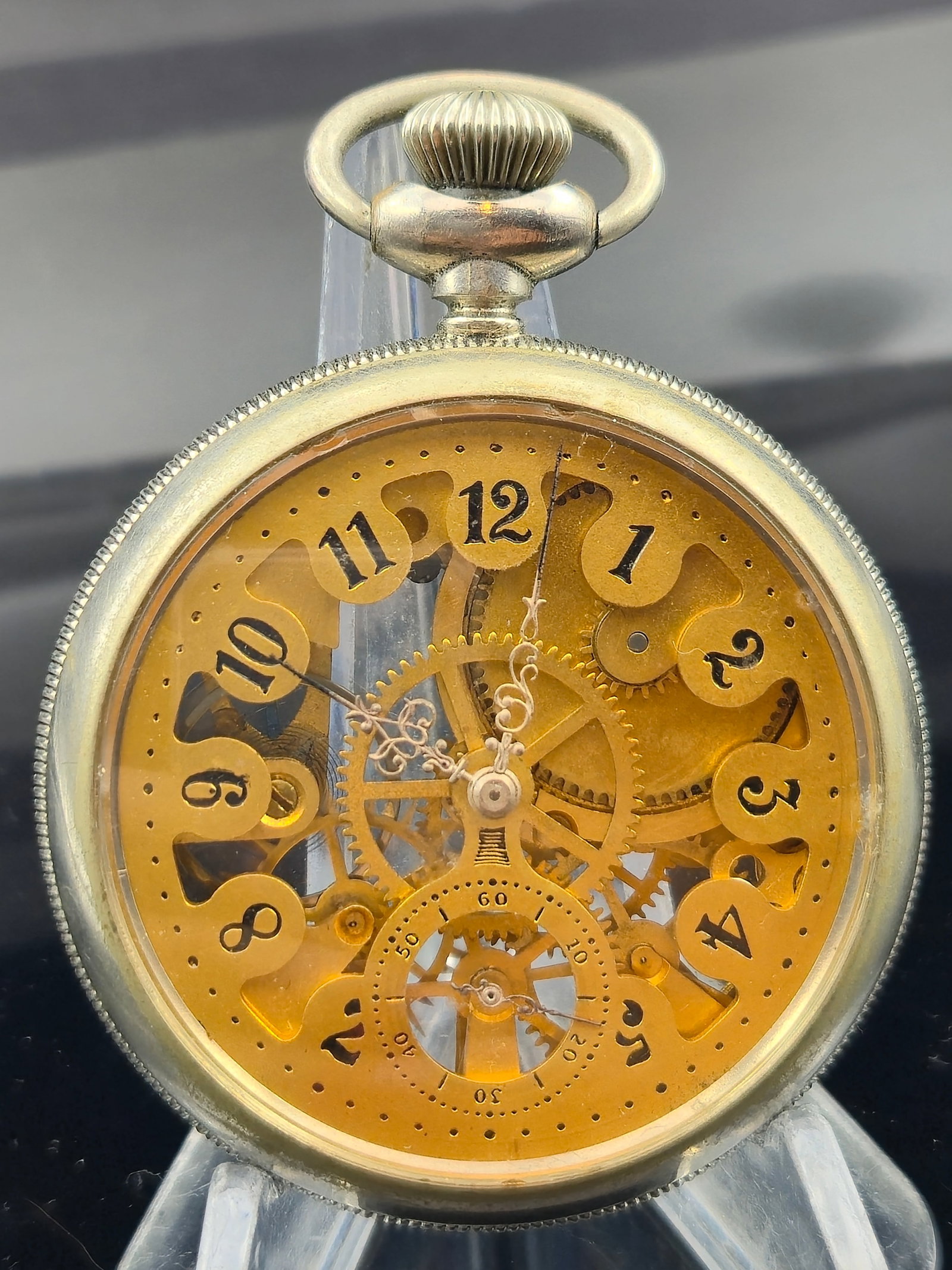 N.E.W. Co. Skeleton Mechanical Pocket Watch, Gold-Tone Openwork Dial, Display Back (1 of 7)