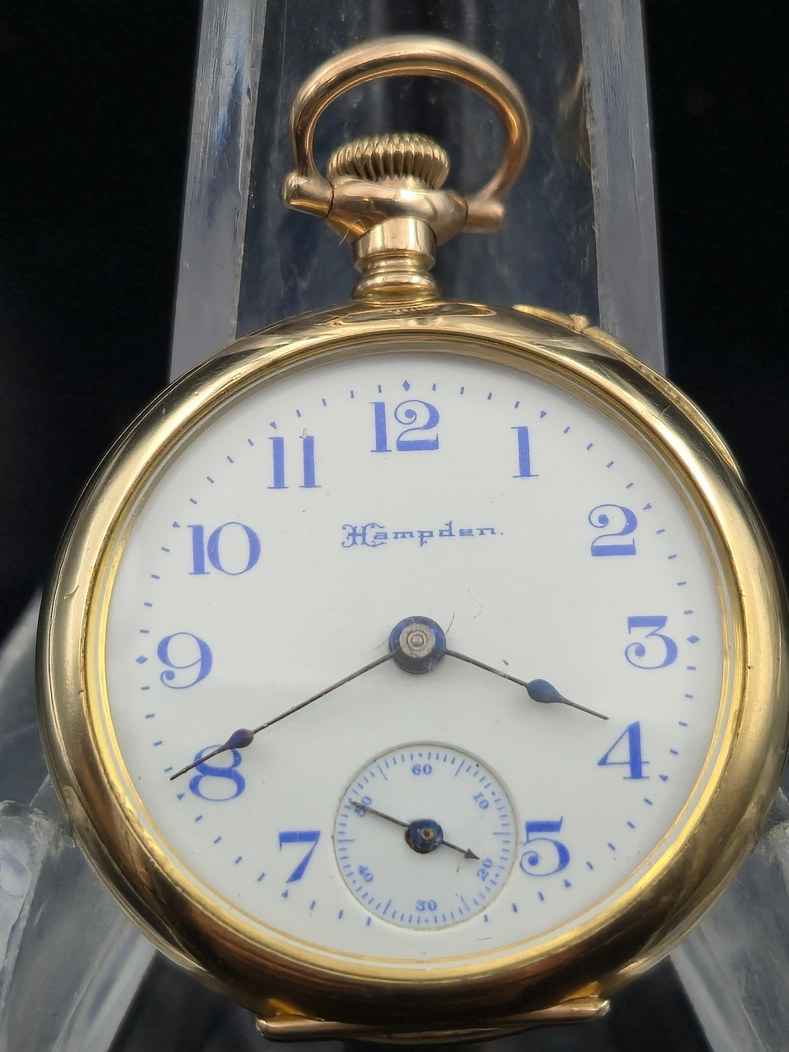 1905 Hampden Molly Stark 3/0s 7j Open-Face in Dueber Special GF Case –: Antique 1905 Hampden Watch Co. Grade "Molly Stark," Model 3, size 3/0s, 7-jewel gilt movement, serial #2034934, housed in a Dueber Special gold-filled open-face case, serial #6372667. White enamel dia