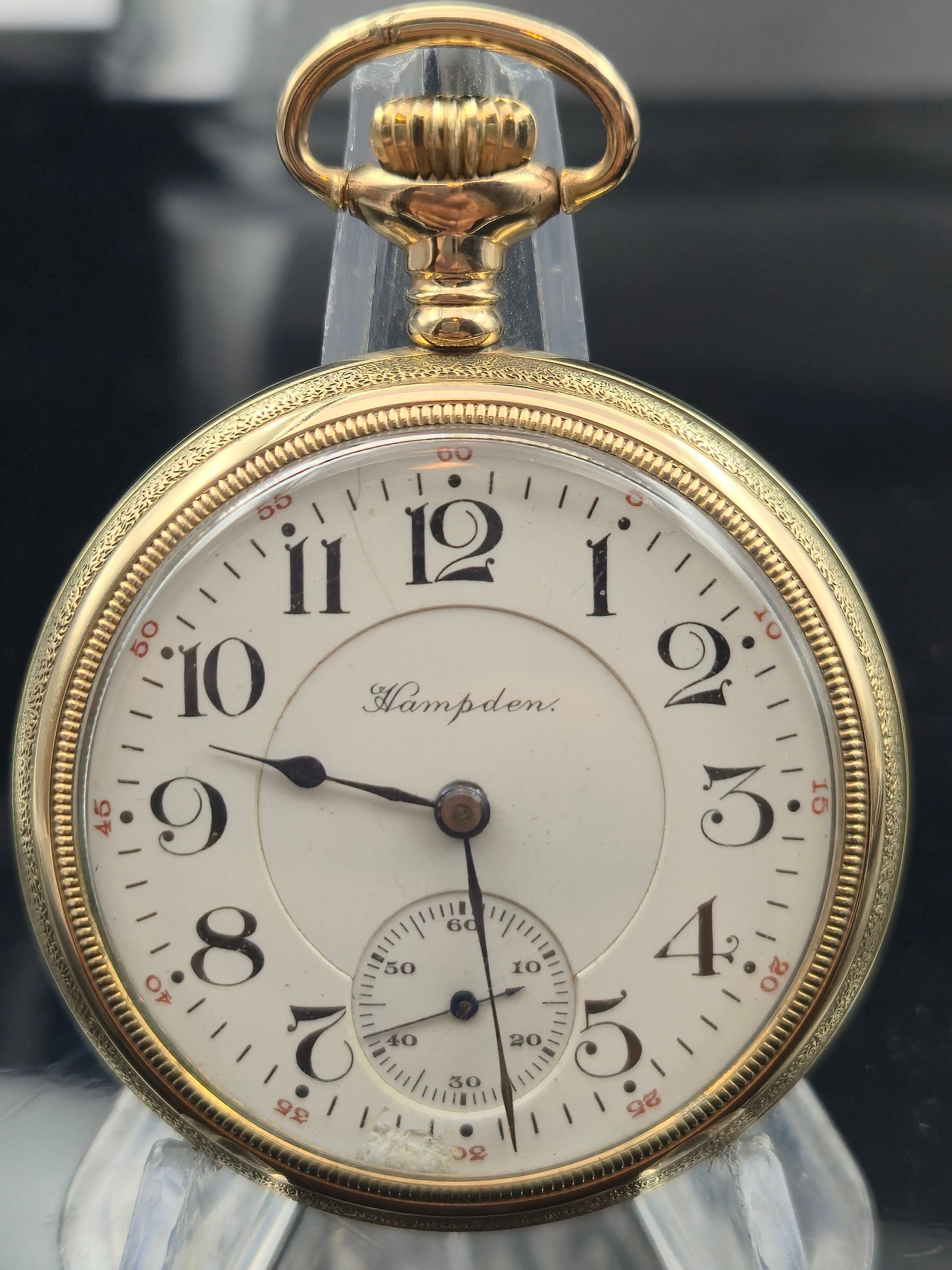 1913 Hampden Wm. McKinley 21J 16s Railroad Pocket Watch Keystone GF: Hampden Watch Co., Canton, Ohio — a fine Grade Wm. McKinley, Model 5 railroad pocket watch, produced in 1913. The Wm. McKinley grade represented Hampden’s high-grade railroad standard timepieces.M