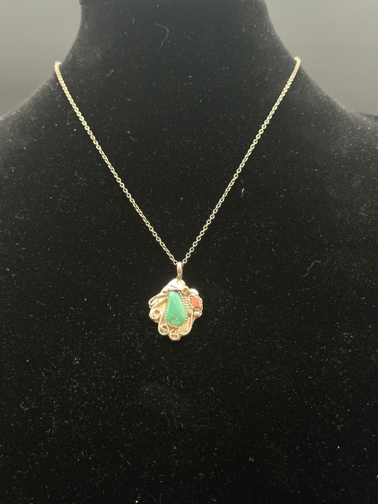 Vintage Sterling Silver Turquoise & Coral Pendant Necklace – Southwestern Desi (1 of 5)