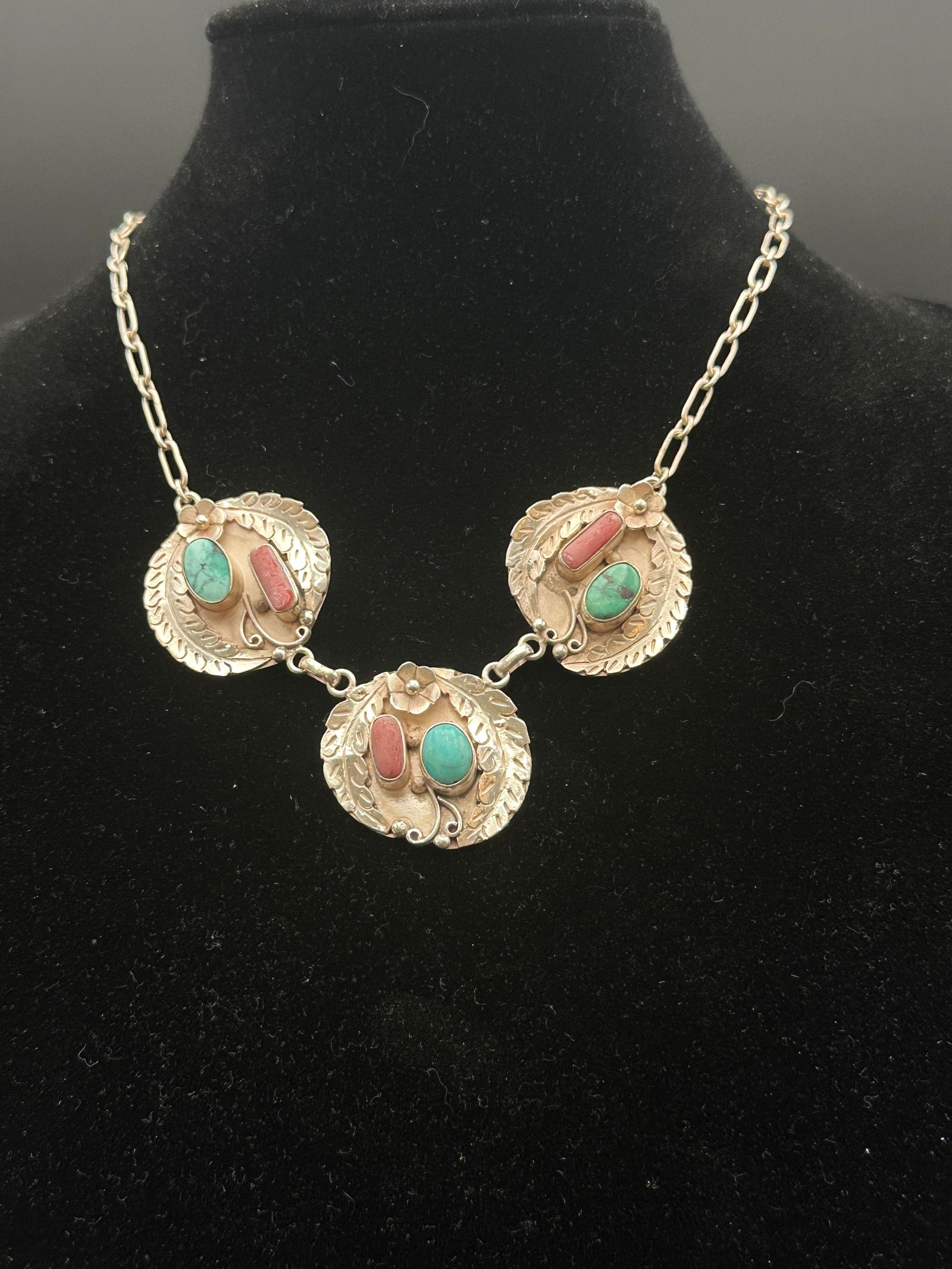 Vintage Southwestern Sterling Silver Turquoise & Coral Necklace – Signed C (1 of 6)