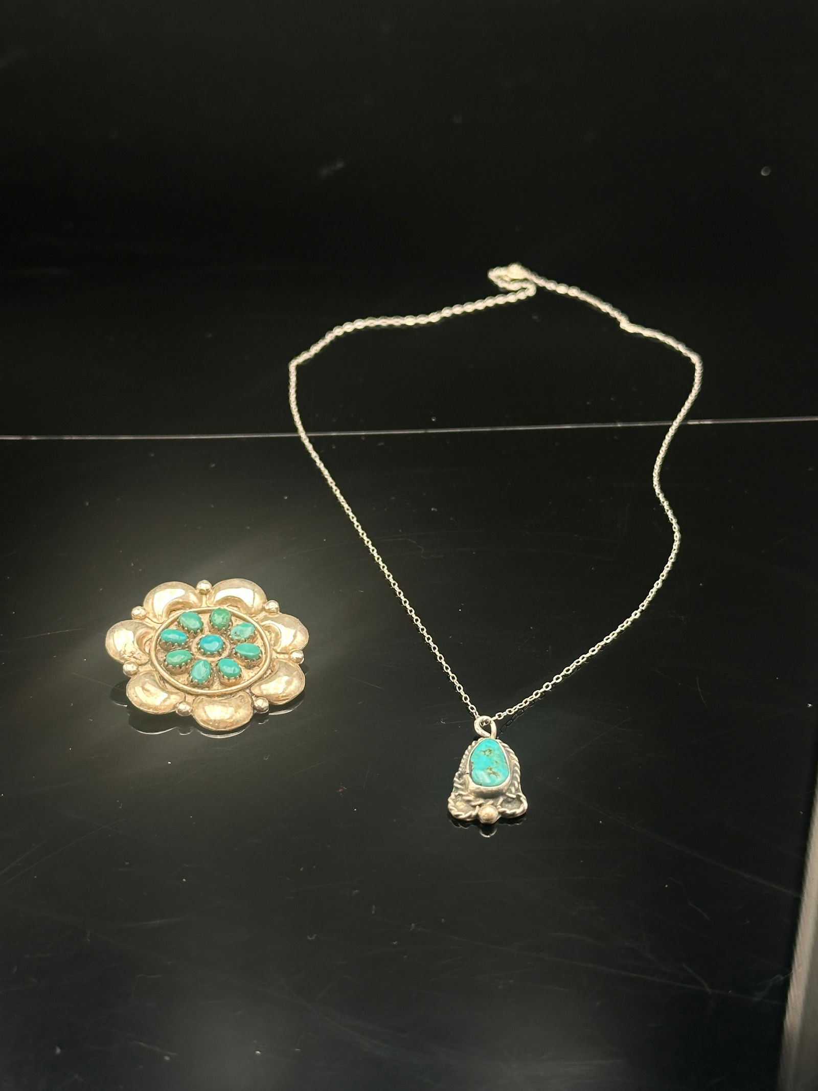 Vintage Sterling Silver Turquoise Pendant Necklace & Floral Brooch Set (1 of 9)