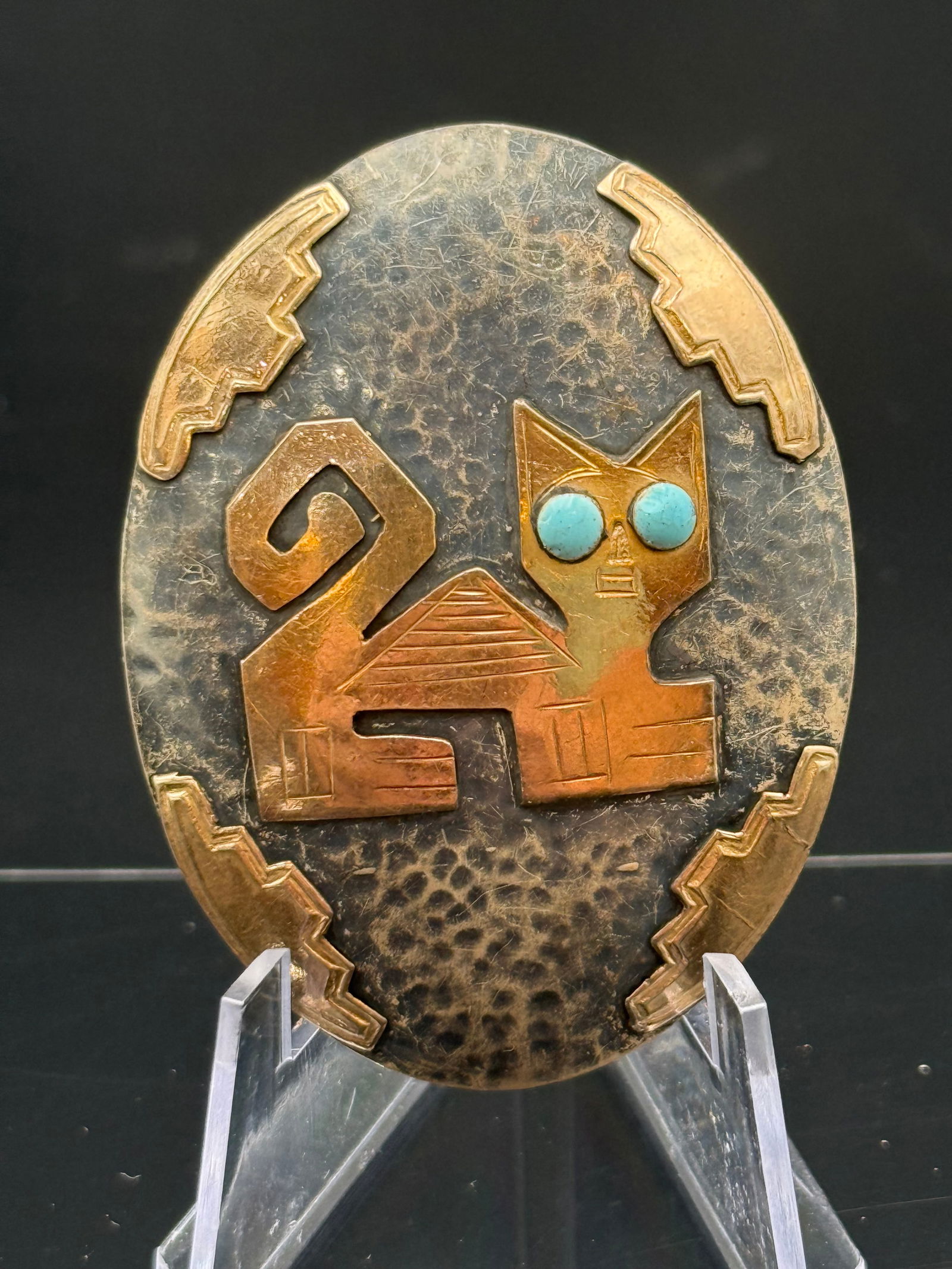 VINTAGE STERLING SILVER 18K GOLD PERU JAGUAR CAT BROOCH PENDANT (1 of 8)