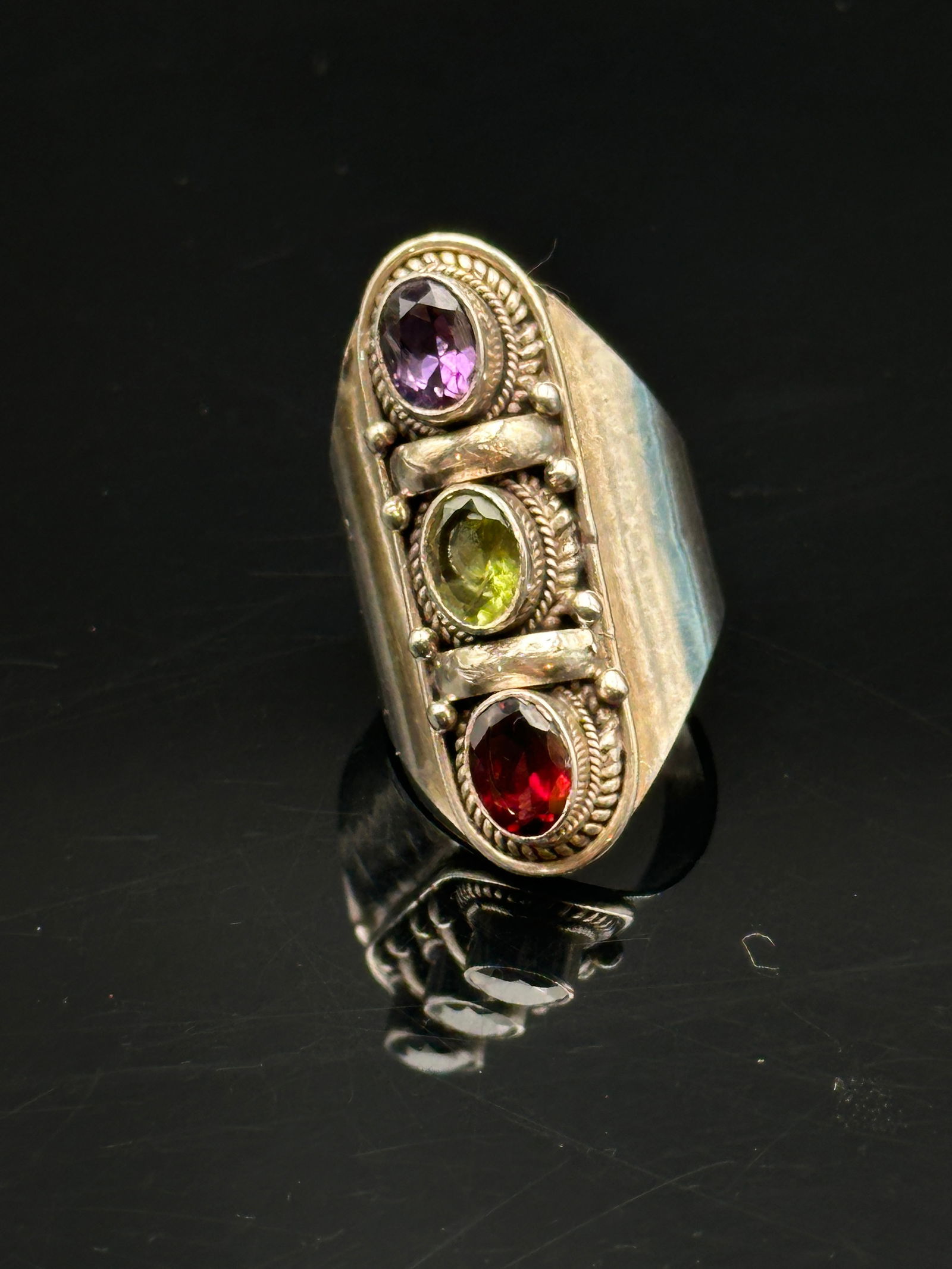 Vintage Sterling Silver Ring with Amethyst, Peridot, and Garnet (1 of 7)