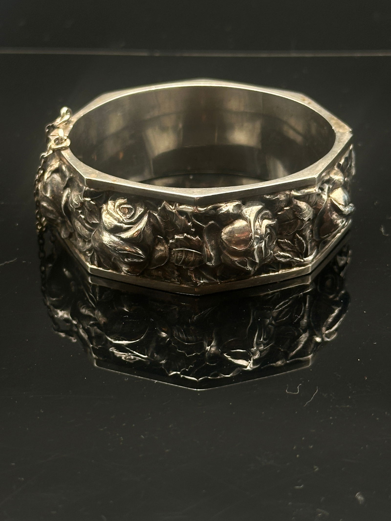 Vintage Sterling Silver Rose Floral Bangle Bracelet – Ornate 3D Design with Safety Chain (1 of 7)
