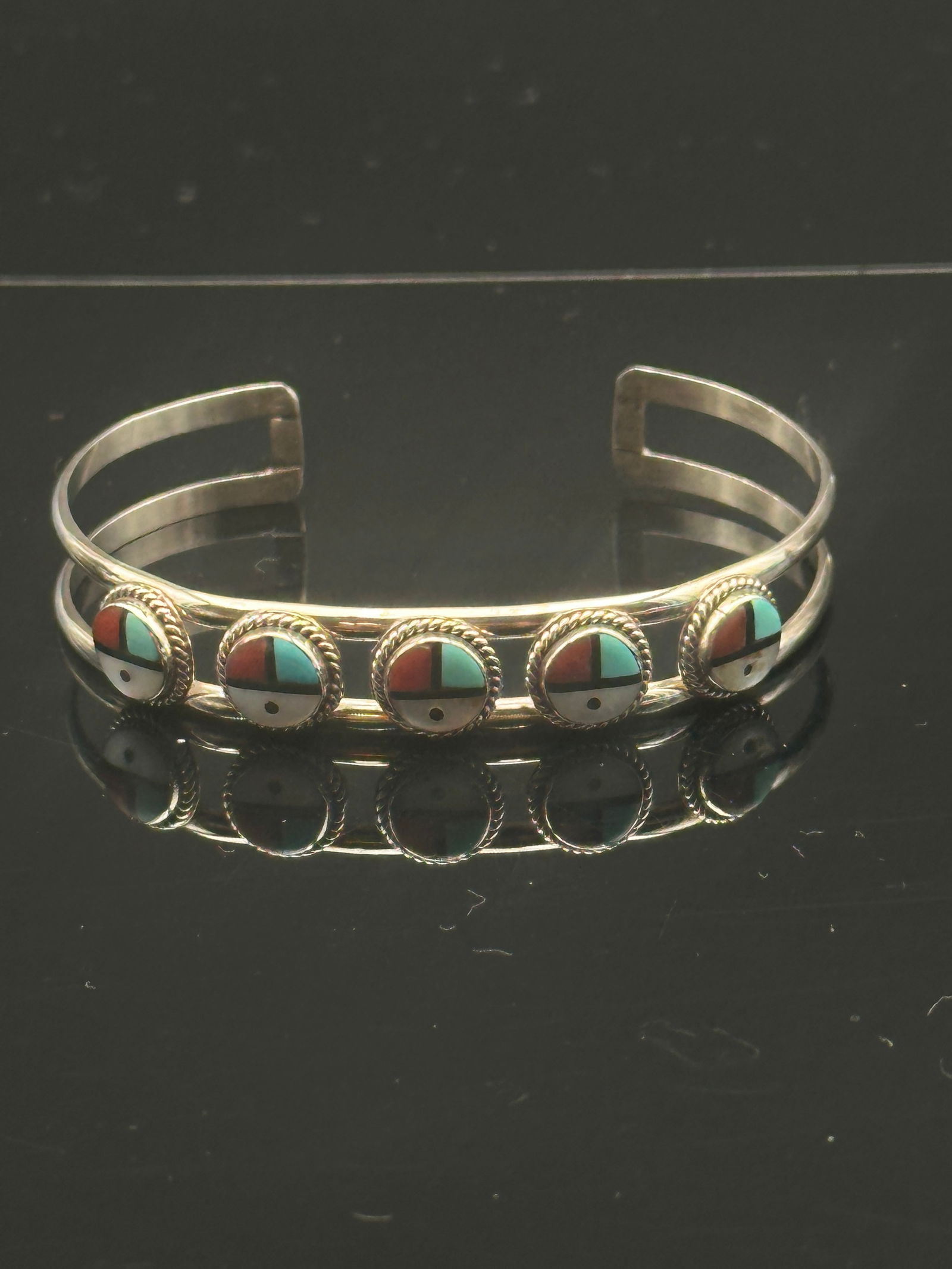 Vintage Zuni Sterling Silver Sunface Inlay Cuff Bracelet – Turquoise, Coral, MOP & Jet (1 of 8)