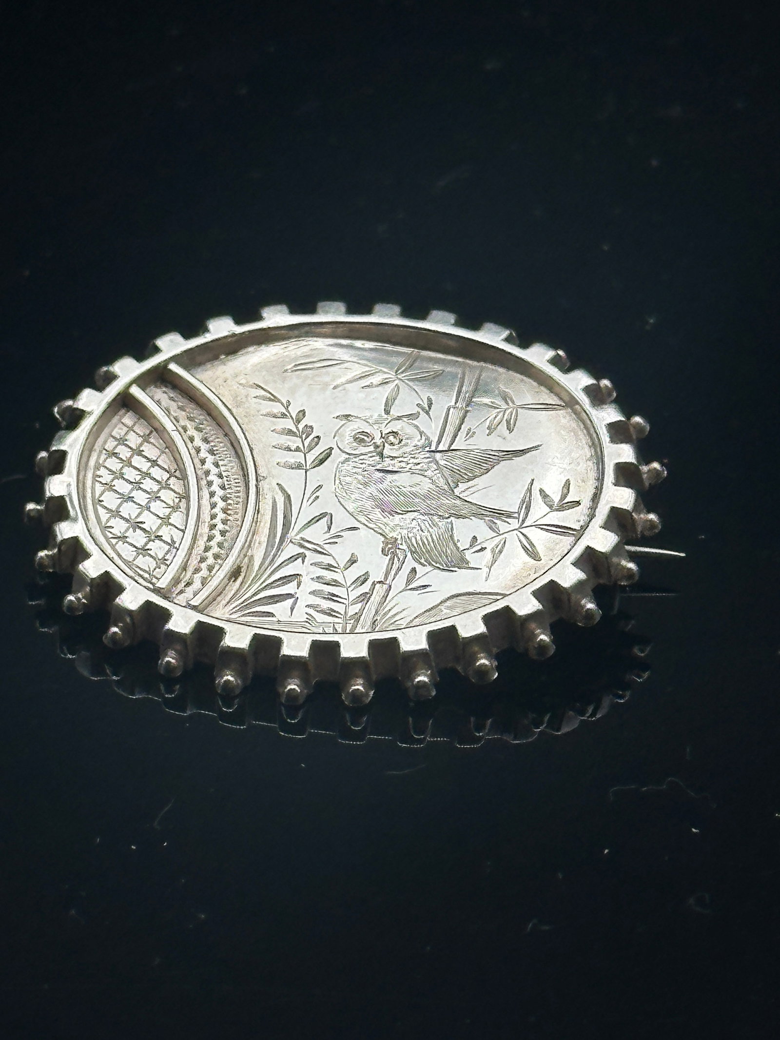 Antique Victorian Sterling Silver Aesthetic Movement Brooch – Engraved Owl & Bamboo Motif (1 of 5)