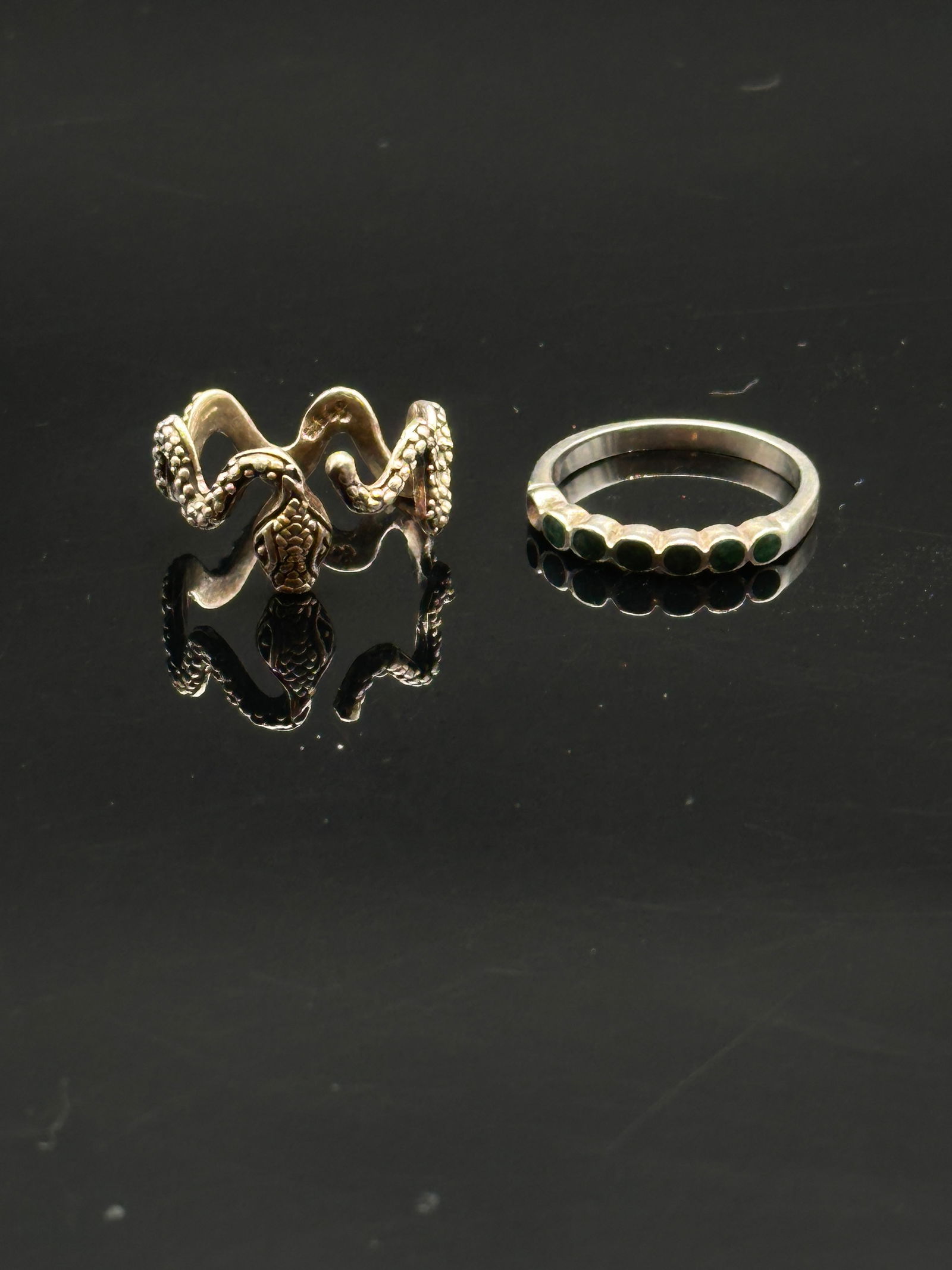 Sterling Silver Snake Ring & Green Stone Band Ring (1 of 9)
