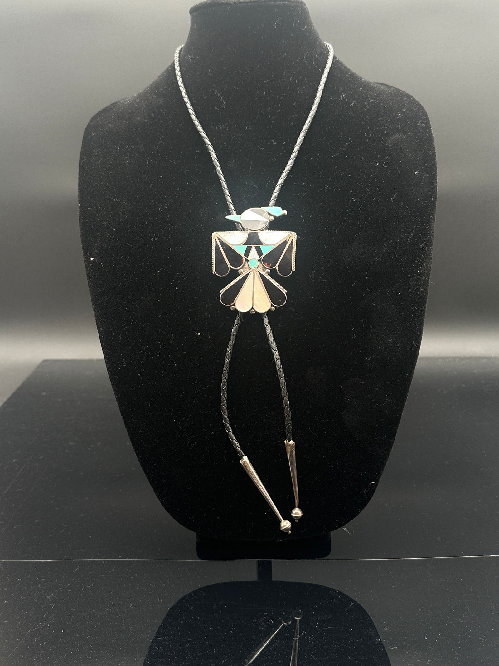 Vintage Zuni Inlay Thunderbird Bolo Tie – Turquoise, Mother of Pearl & Onyx (1 of 7)