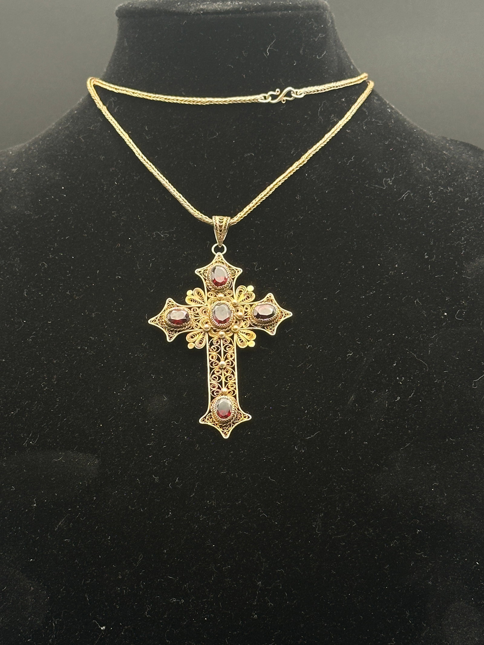 Vintage Gold Filigree Cross Pendant Necklace with Garnet Stones (1 of 8)