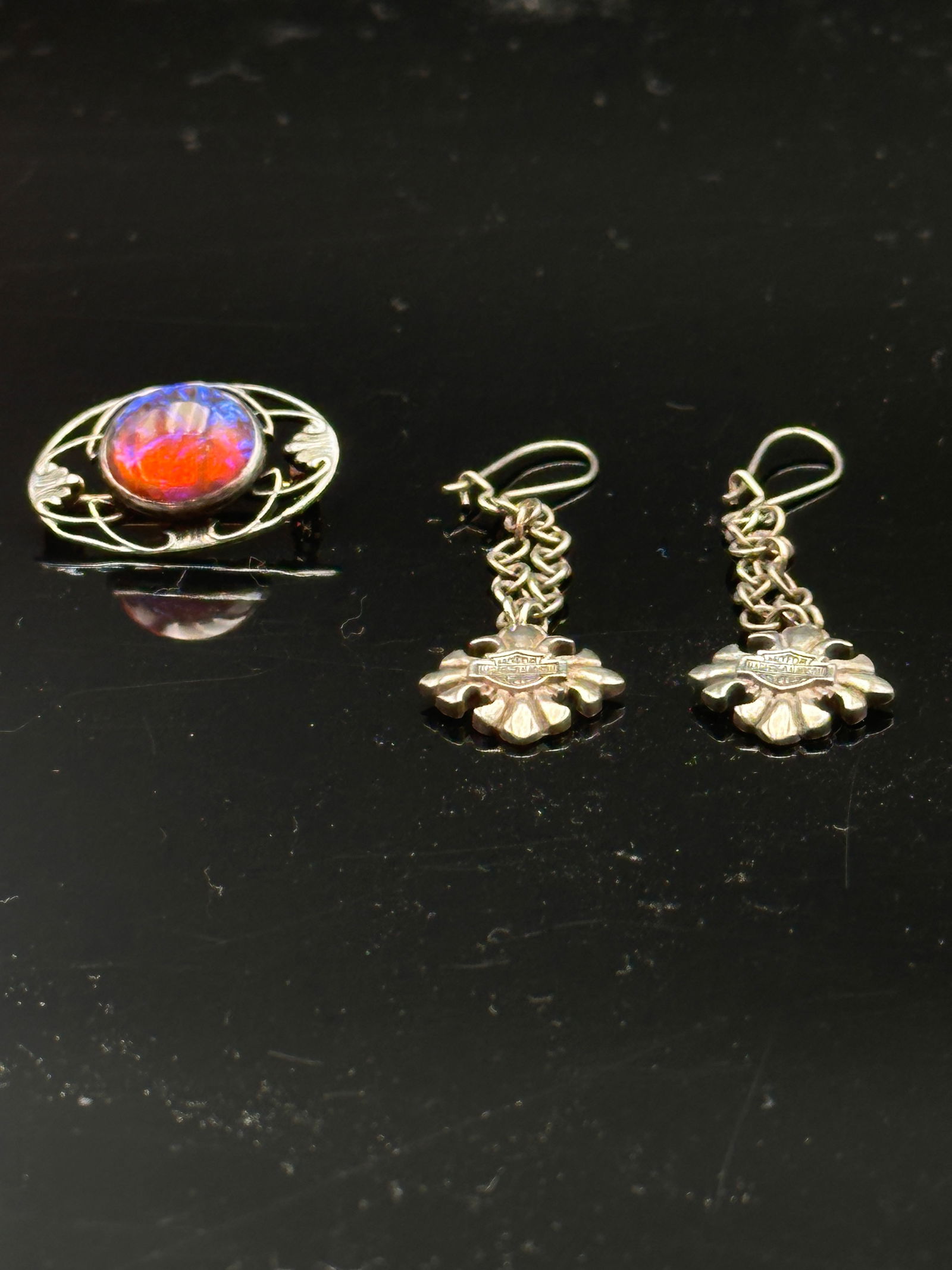 Vintage Sterling Silver Jewelry Lot – Art Deco Opal Glass Brooch & Harley-Davidson Flower Earrings (1 of 8)