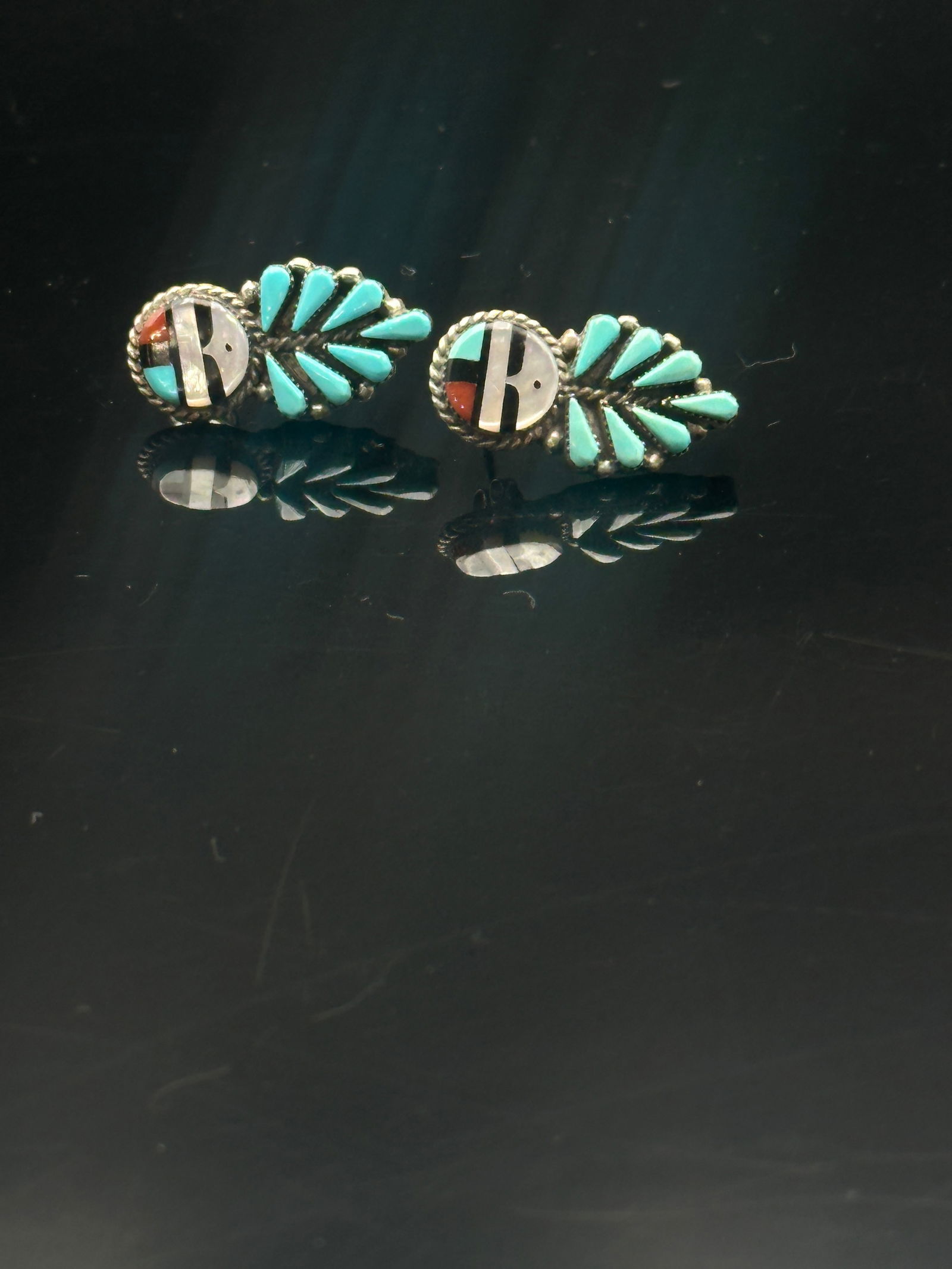 Vintage Zuni Sterling Silver Sunface Inlay Earrings with Turquoise (1 of 6)