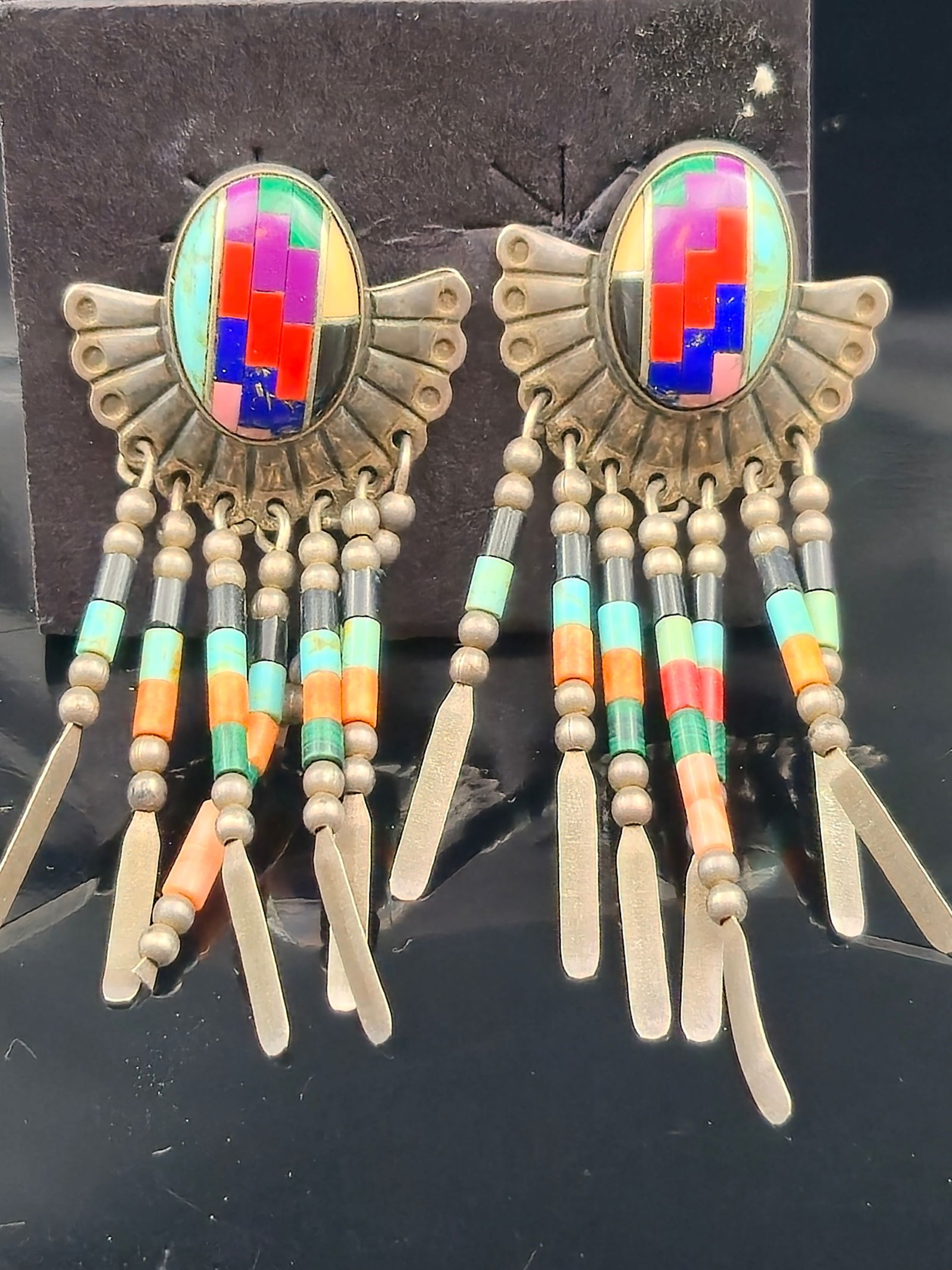 Les Baker Q.T. Sterling Zuni Style Multi-Stone Inlay Dangle Earrings, 9.0g (1 of 6)