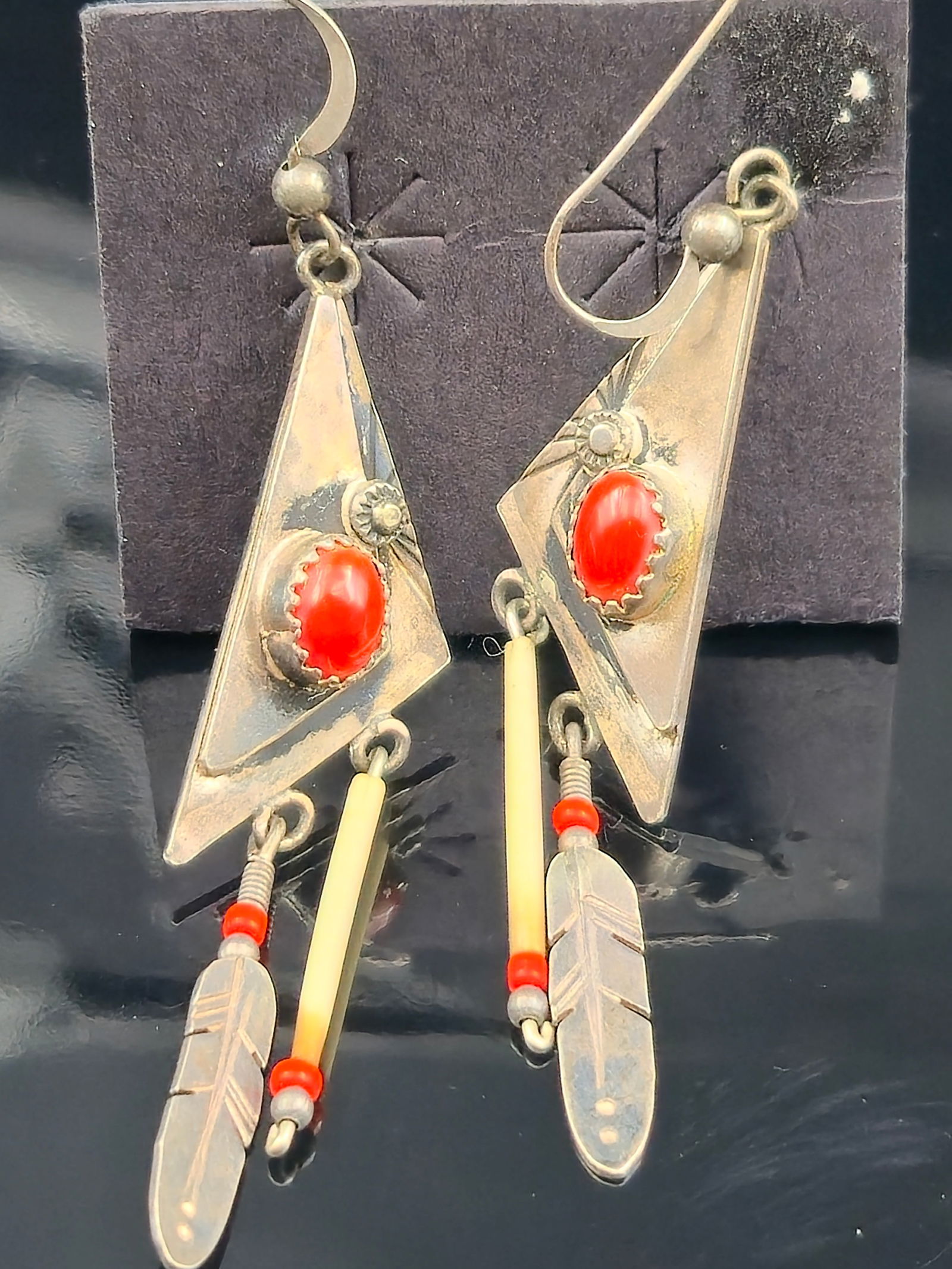 Larry Sandoval Navajo Sterling Silver Coral Feather Dangle Earrings, 7.9g (1 of 6)