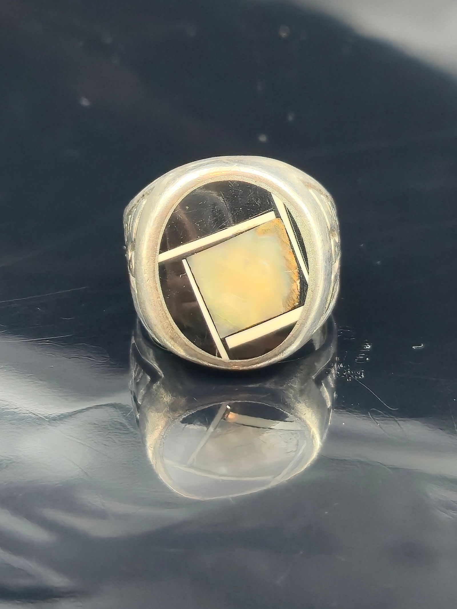 Old Pawn Navajo Sterling Silver Thunderbird Inlay Ring, Size 11, 12.8g (1 of 8)