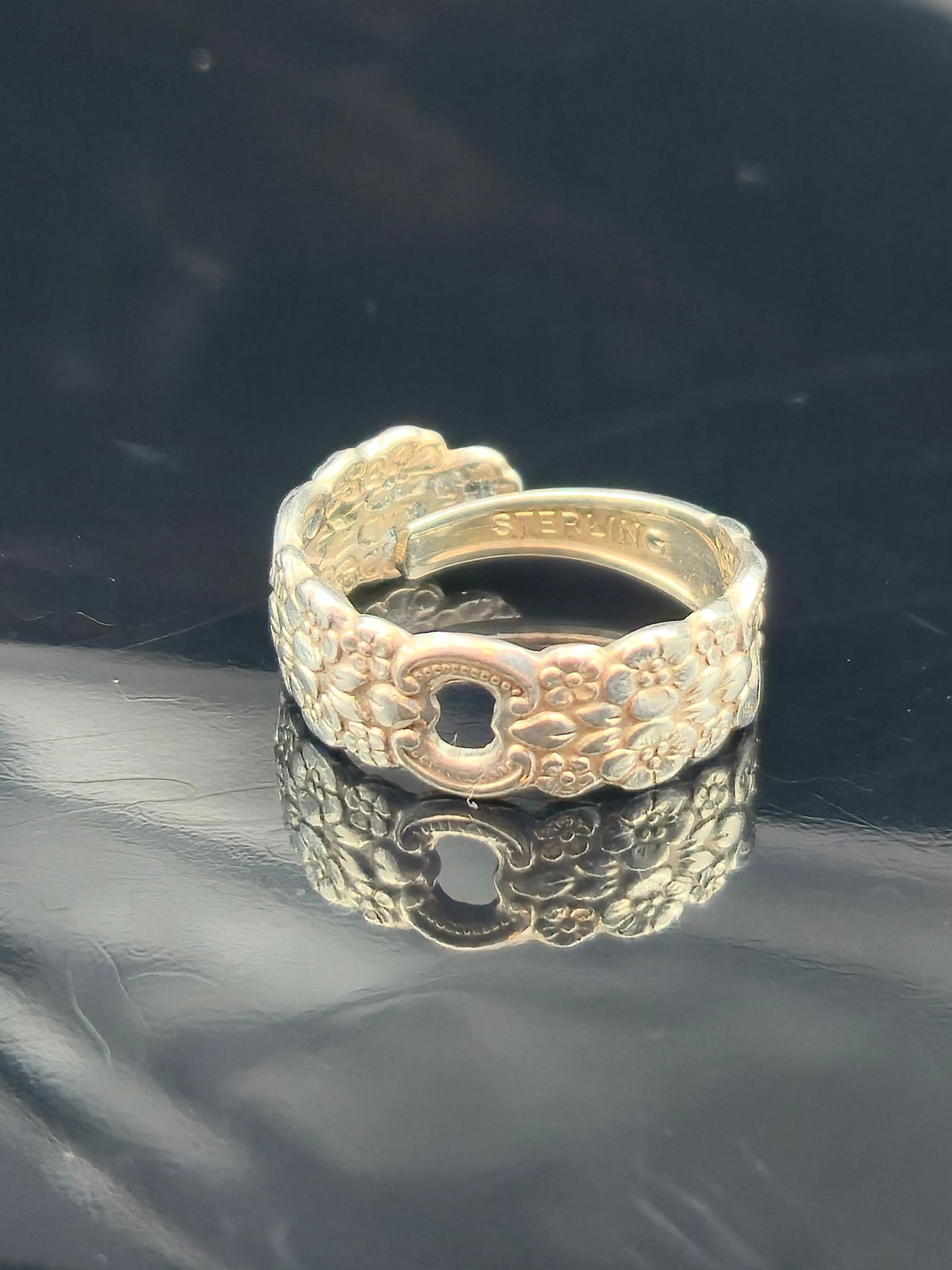 Vintage Sterling Silver Floral Spoon Ring, Adjustable, 4.9g (1 of 7)