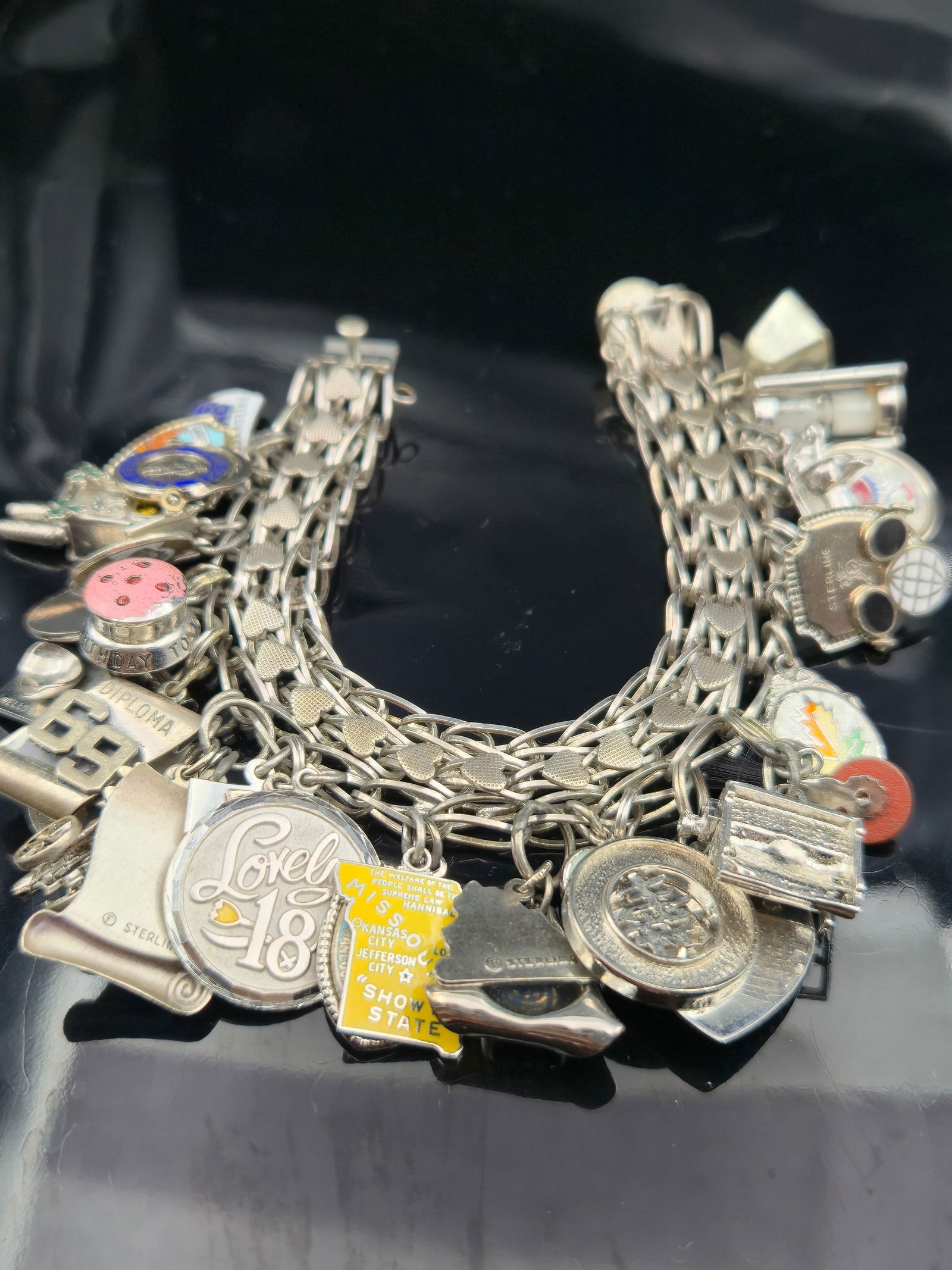 Vintage Sterling Silver Travel Charm Bracelet 98g, 30+ Charms Enamel & Movables (1 of 10)