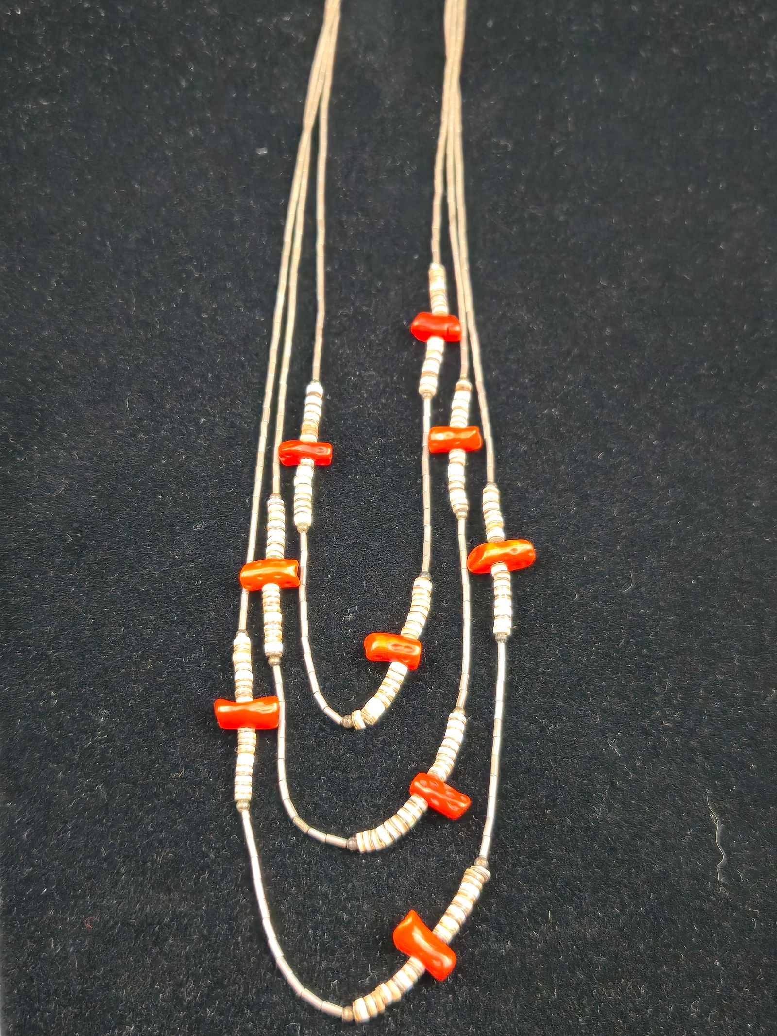 Vintage Santo Domingo Sterling Heishi Shell & Red Coral Necklace 16.9g (1 of 8)