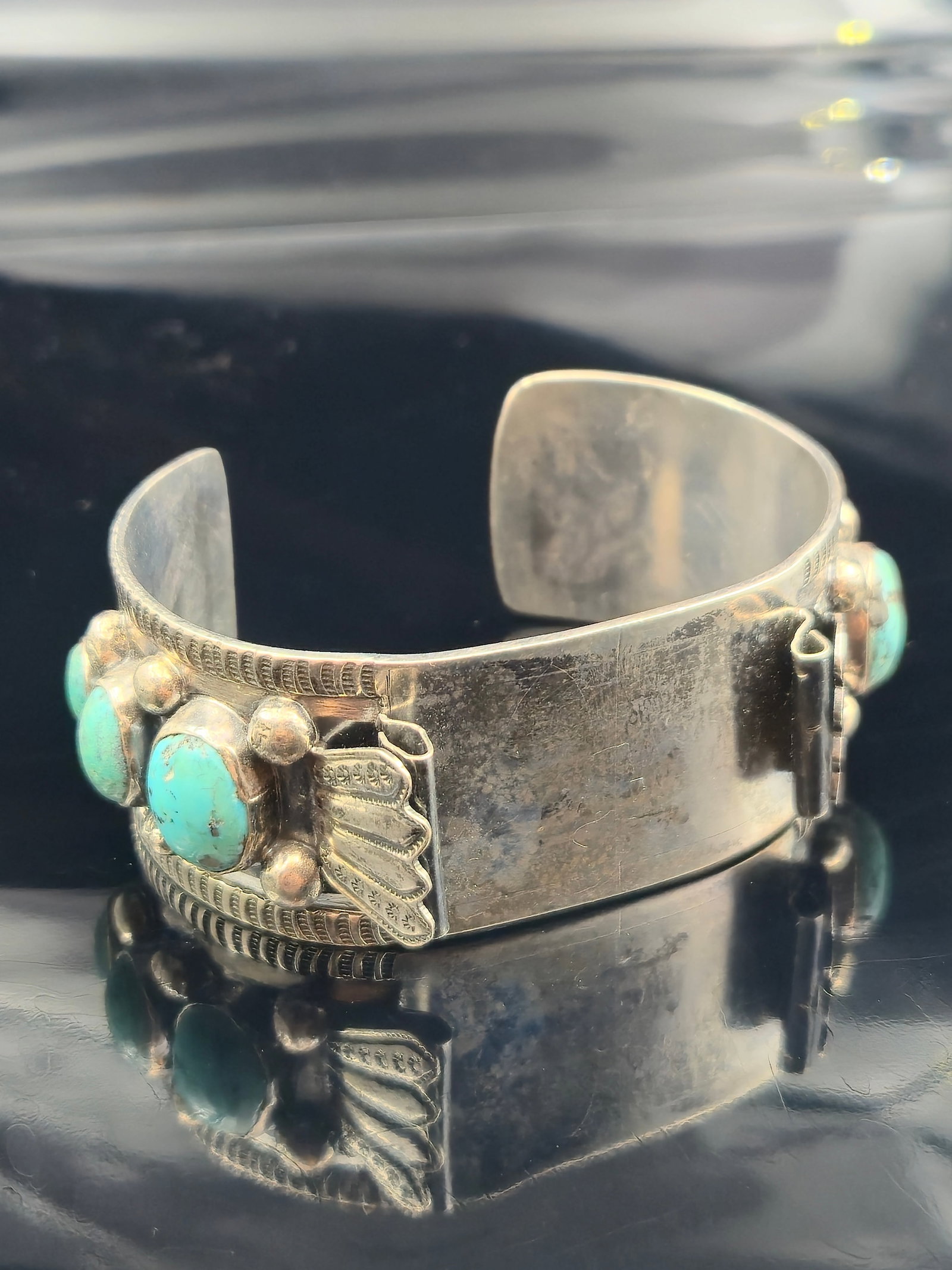 Vintage Navajo Sterling Silver Turquoise Watch Cuff Bracelet 69.3g (1 of 8)